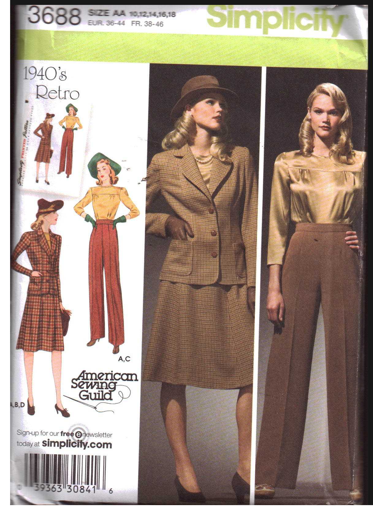 Simplicity 3688 Blouse, Skirt, Pants, Jacket - 1940's Retro Size: AA 10-18 Uncut Sewing Pattern