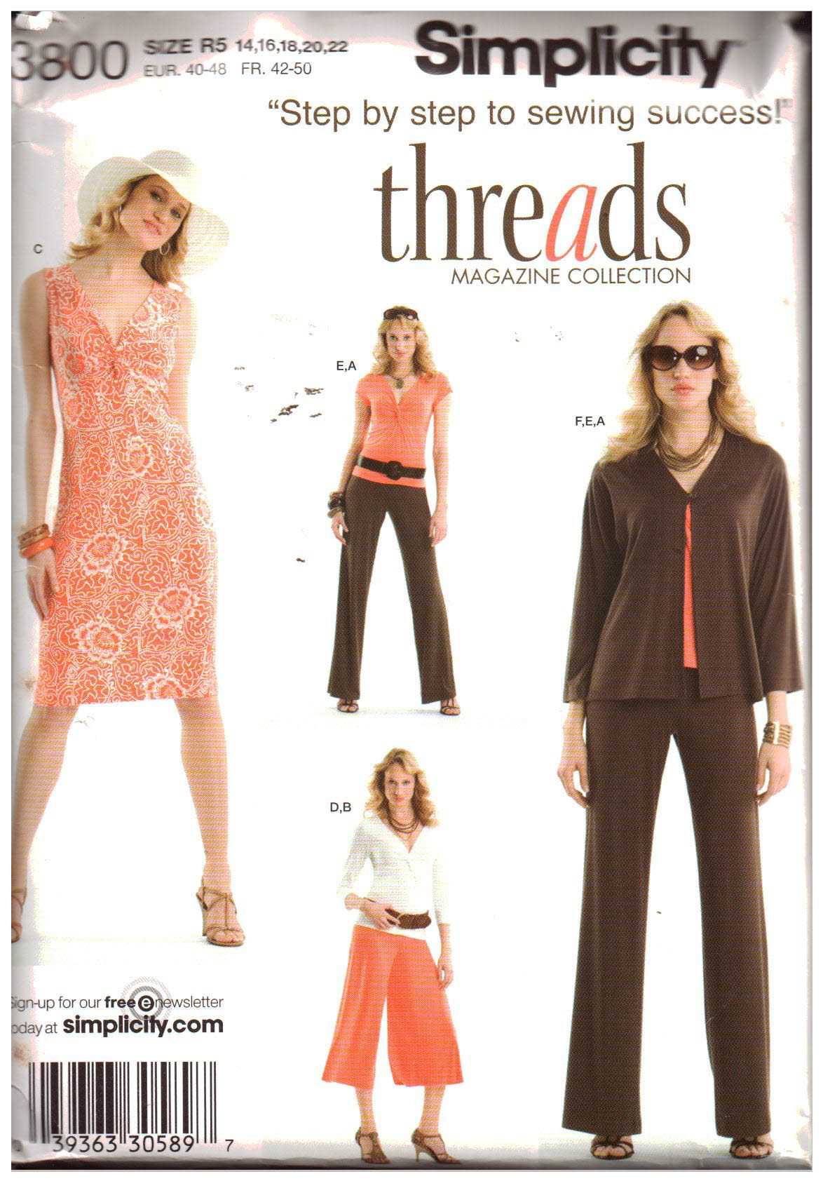Simplicity 3800 Pants, Gaucho, Jacket, Dress, Top Size: R5 14-22 Uncut Sewing Pattern