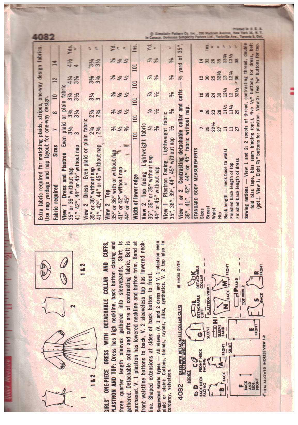 Simplicity 4082 Girl's Dress Top Size: 8 Used Sewing Pattern - Image 2