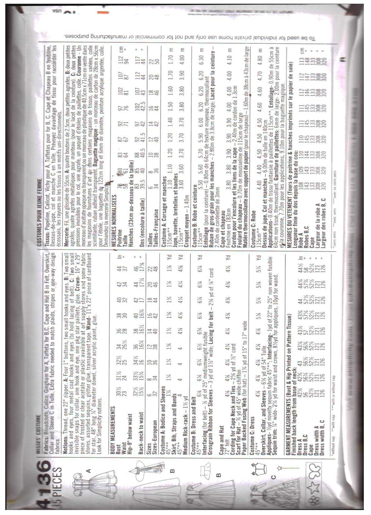 Simplicity 4136 Adult Costume - Wizard of Oz Size: R5 14-22 Used Sewing Pattern - Image 2