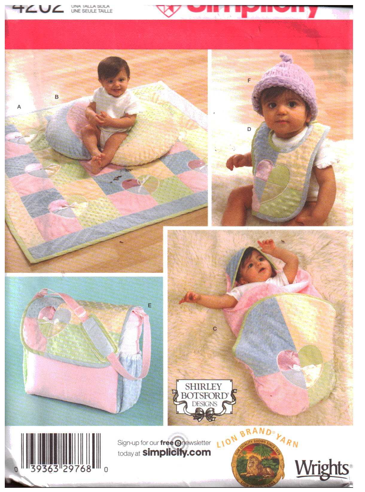 Simplicity 4202 Baby Accessories - Quilt, Pillow Cover, Wrap, Bib, Bag Size: One Uncut Sewing Pattern