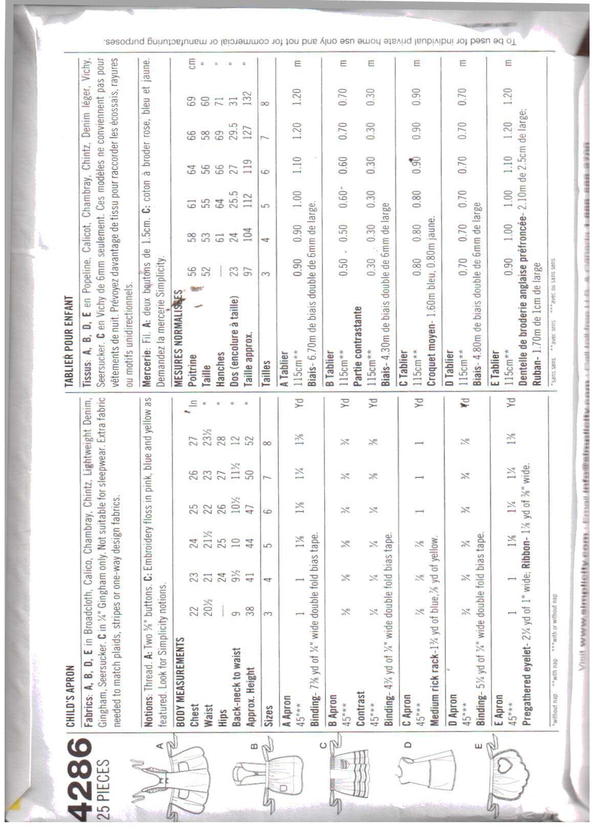 Simplicity 4286 Girls' Aprons Size: A 3-8 Used Sewing Pattern - Image 2