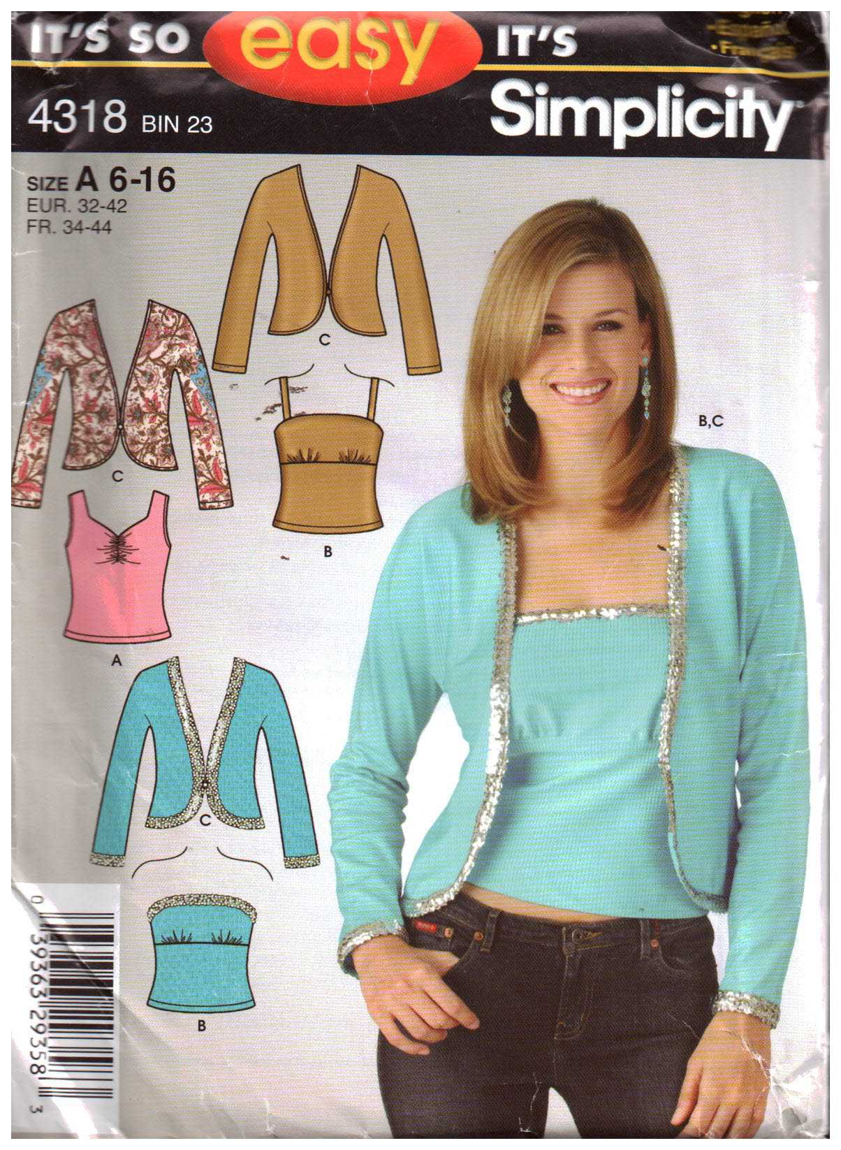 Simplicity 4318 Top, Cardigan Size: A 6-16 Uncut Sewing Pattern