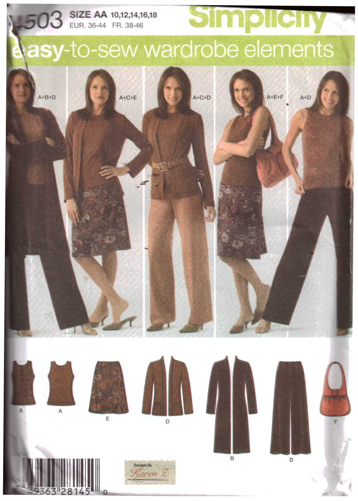 Simplicity 4503 Pants, Skirts, Bag, Cardigan, Top Size: AA 10-18 Used Sewing Pattern