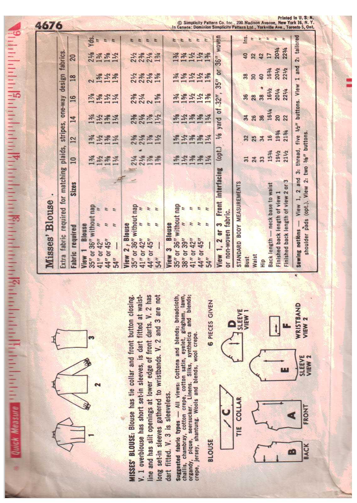 Simplicity 4676 Tops Size: 14 Bust 34 Sewing Pattern - Image 2