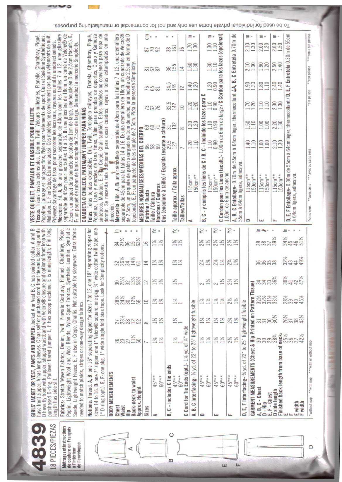 Simplicity 4839 Girls' Jacket, Vest, Pants, Jumper Size: A 7-16 Used Sewing Pattern - Image 2