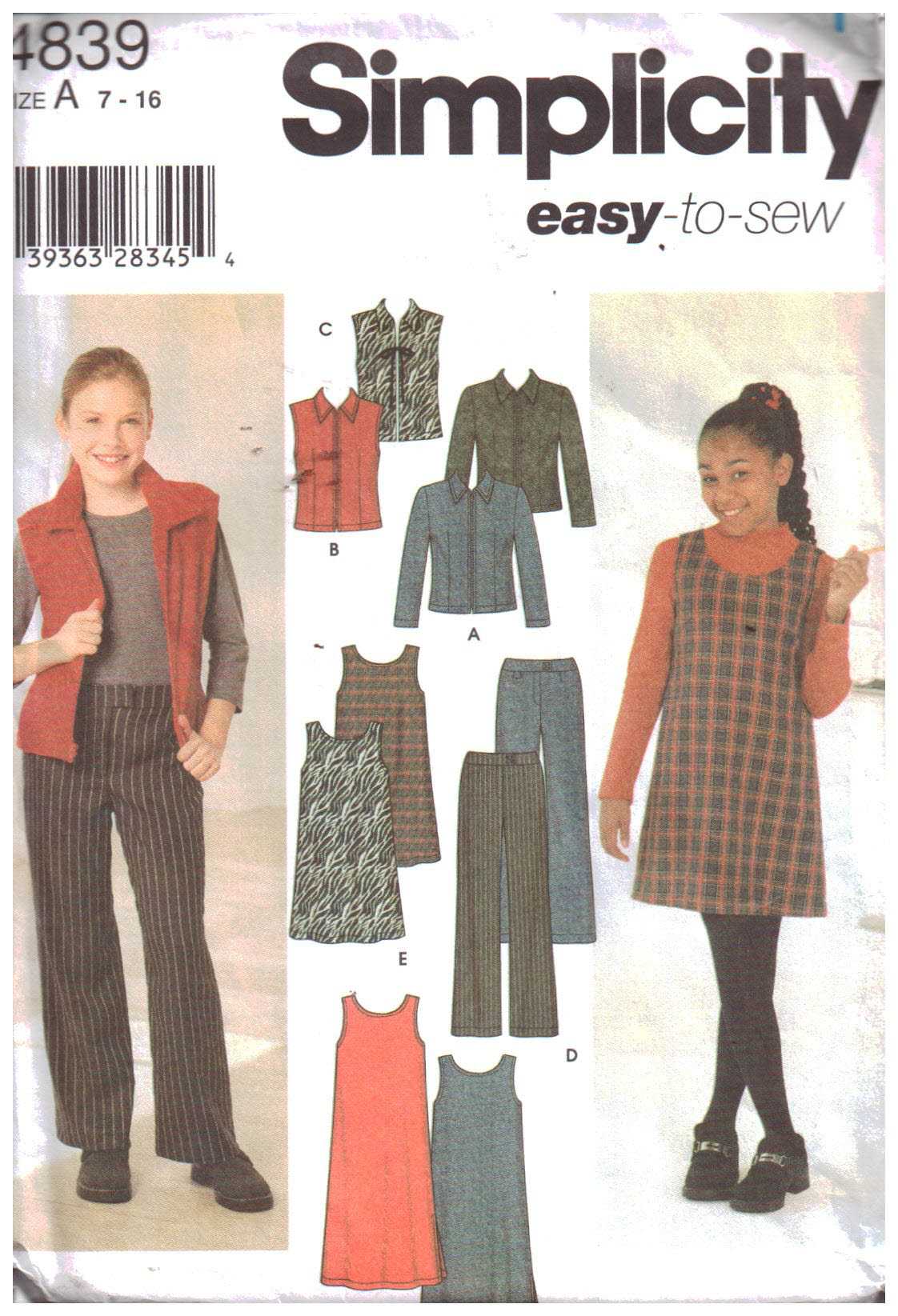 Simplicity 4839 Girls' Jacket, Vest, Pants, Jumper Size: A 7-16 Used Sewing Pattern
