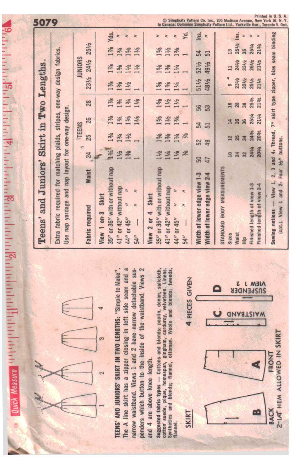 Simplicity 5079 Skirt Size: Waist 24.5 Hip 33.5 Used Sewing Pattern - Image 2