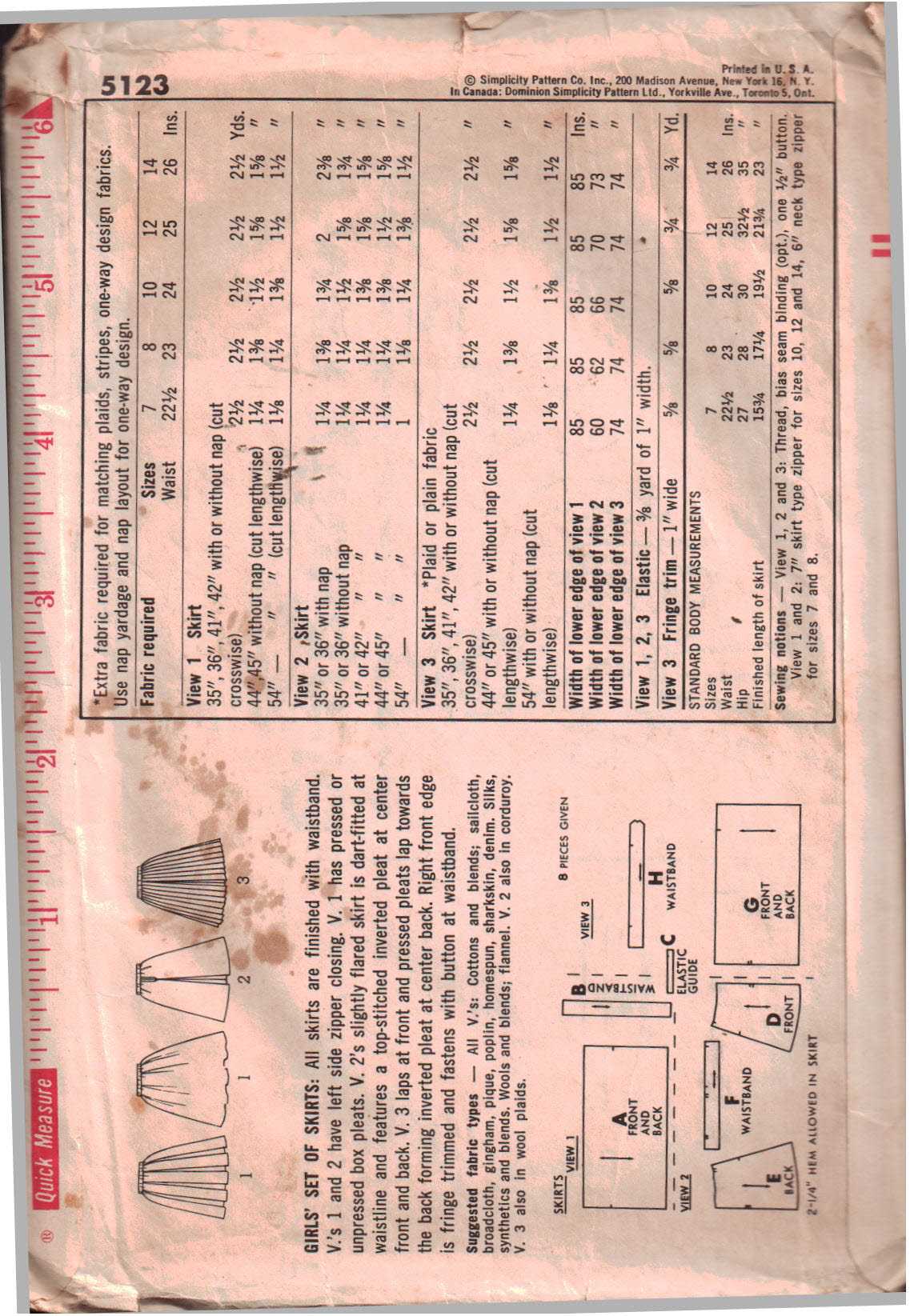 Simplicity 5123 Girl's Skirt Size: 8 Waist 23 Used Sewing Pattern - Image 2