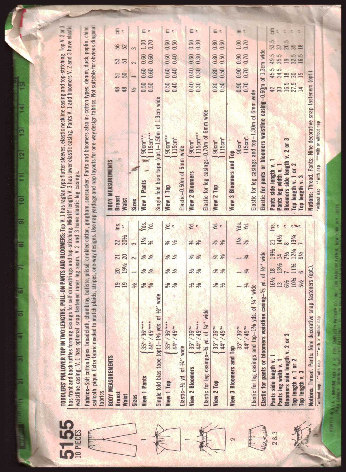 Simplicity 5155 Toddlers' Top, Pants. Bloomers Size: 2-3 Used Sewing Pattern - Image 2