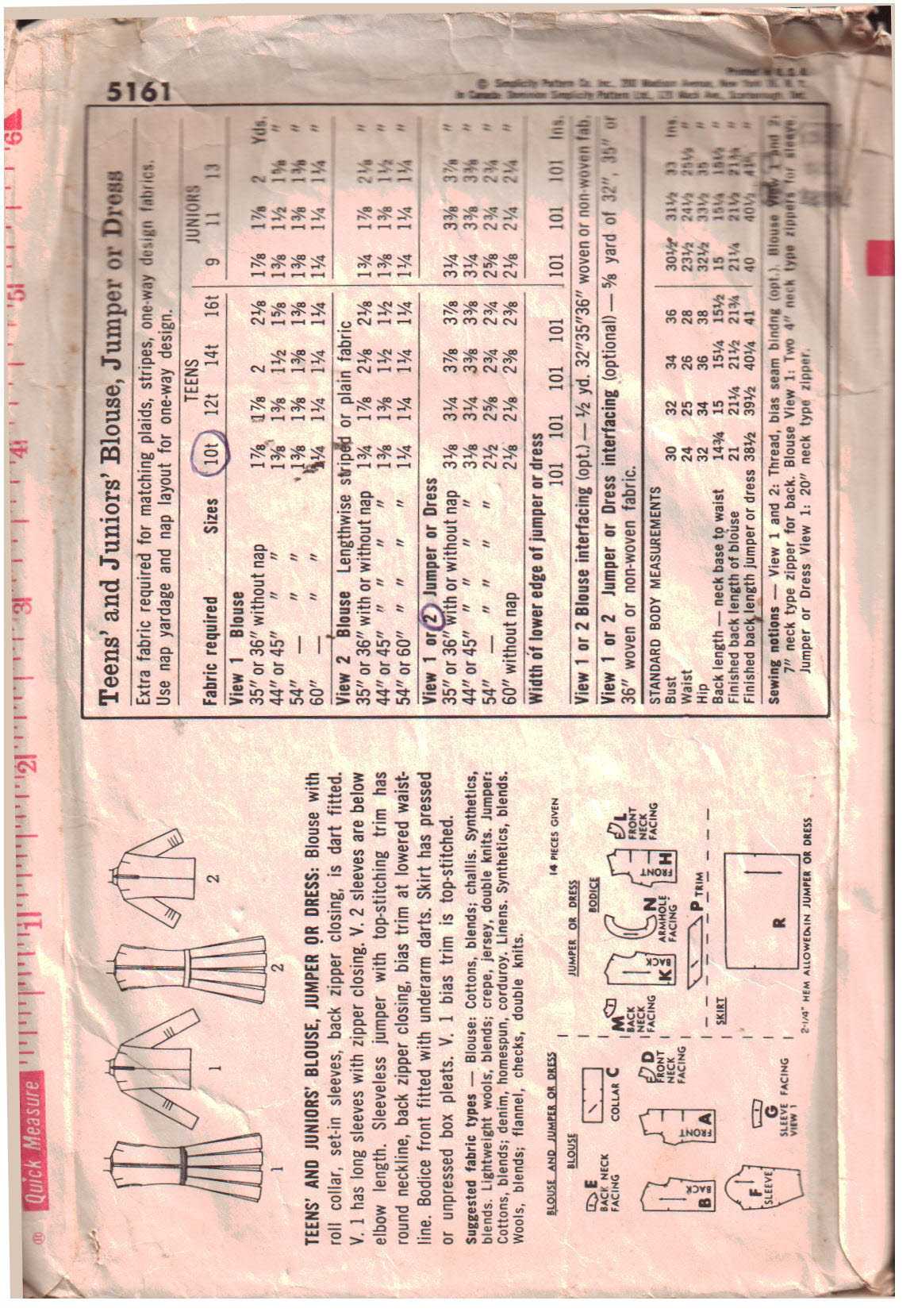 Simplicity 5161 Blouse, Jumper, Dress Size: 10T Bust 30 Used Sewing Pattern - Image 2