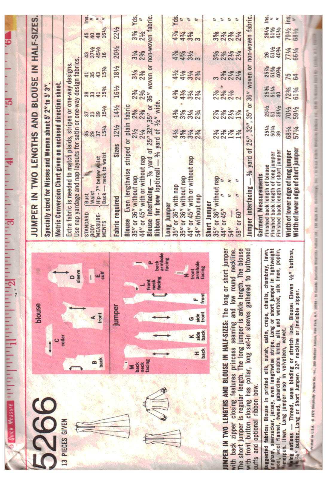 Simplicity 5266 Jumper, Blouse Size: 20.5 Bust 43 Used Sewing Pattern - Image 2