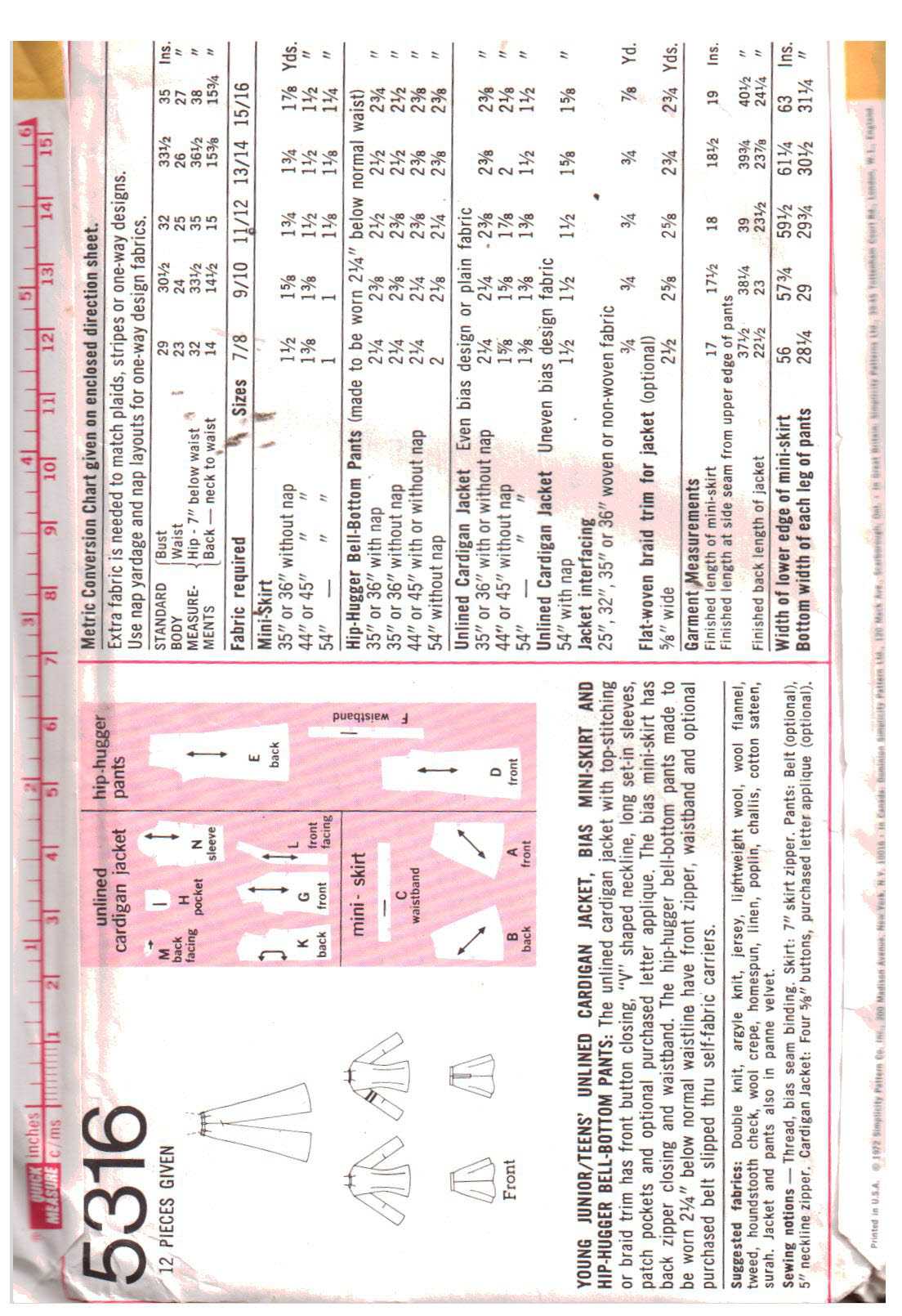 Simplicity 5316 Cardigan, Jacket, Bias Skirt, Bell-Bottom Pants Size: 9/10 Bust 30.5 Used Sewing Pattern - Image 2