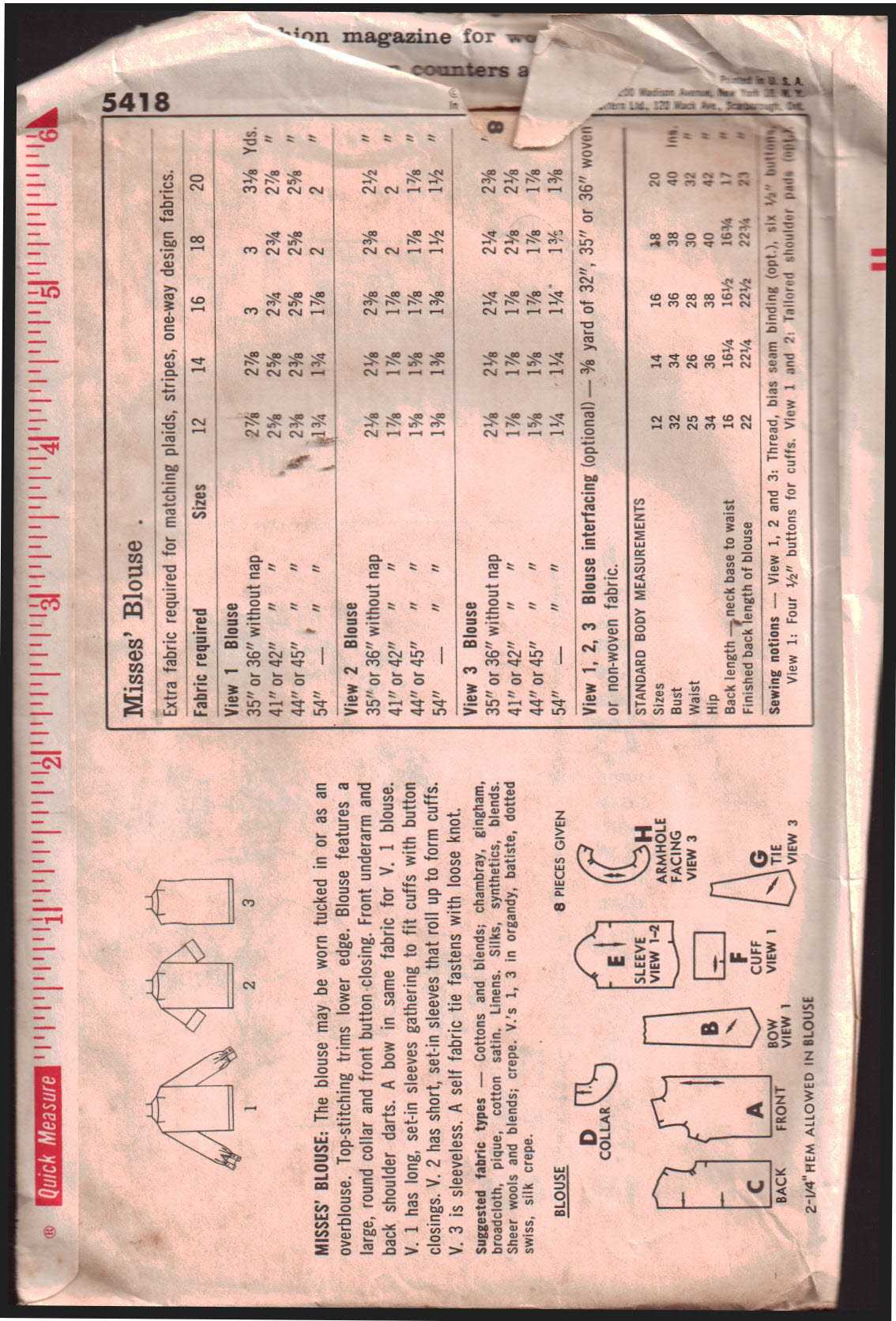 Simplicity 5418 Blouse Size: 14 Bust 34 Used Sewing Pattern - Image 2