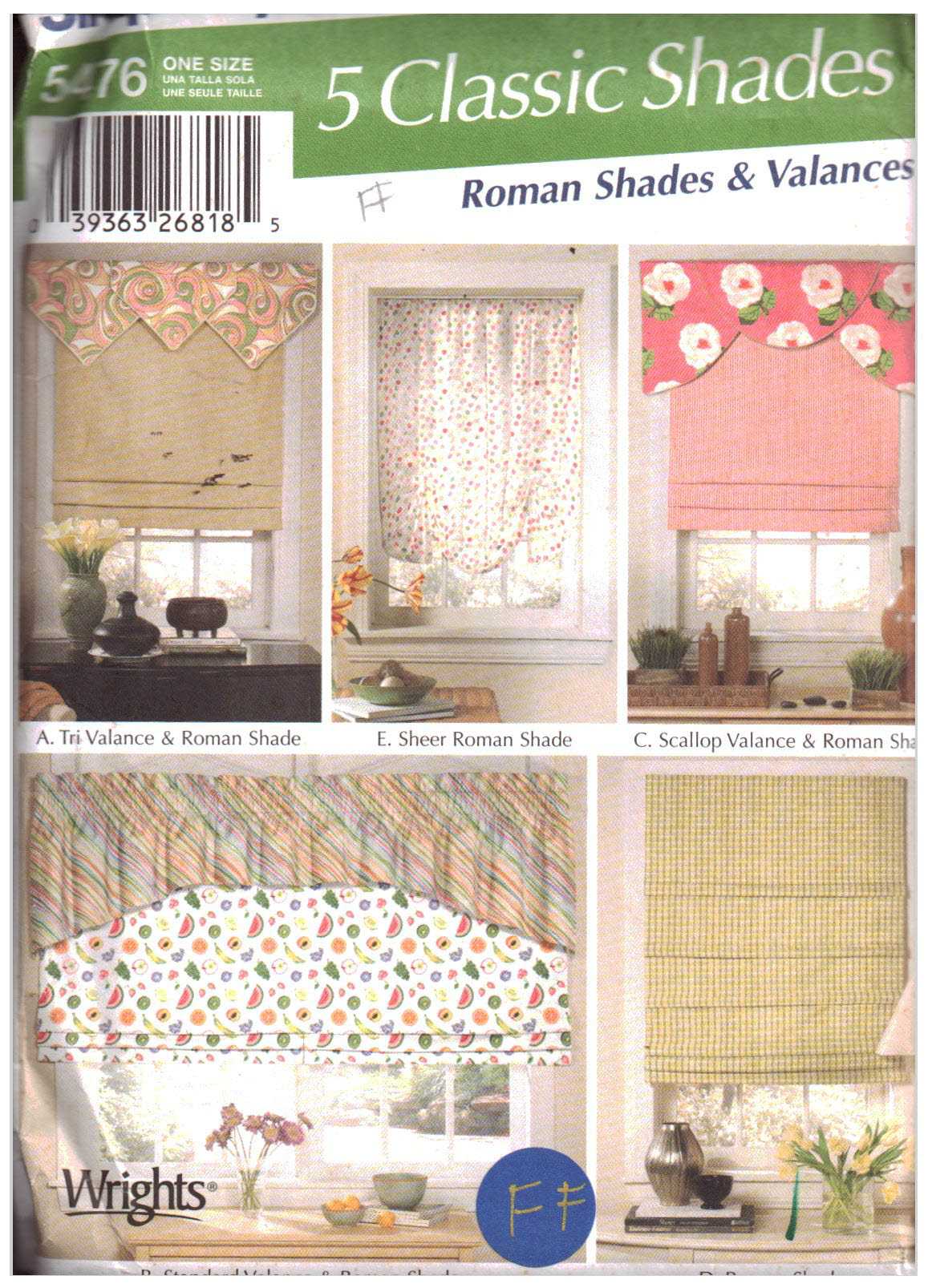 Simplicity 5476 Window Treatments - Valance, Roman Shades Size: One Uncut Sewing Pattern