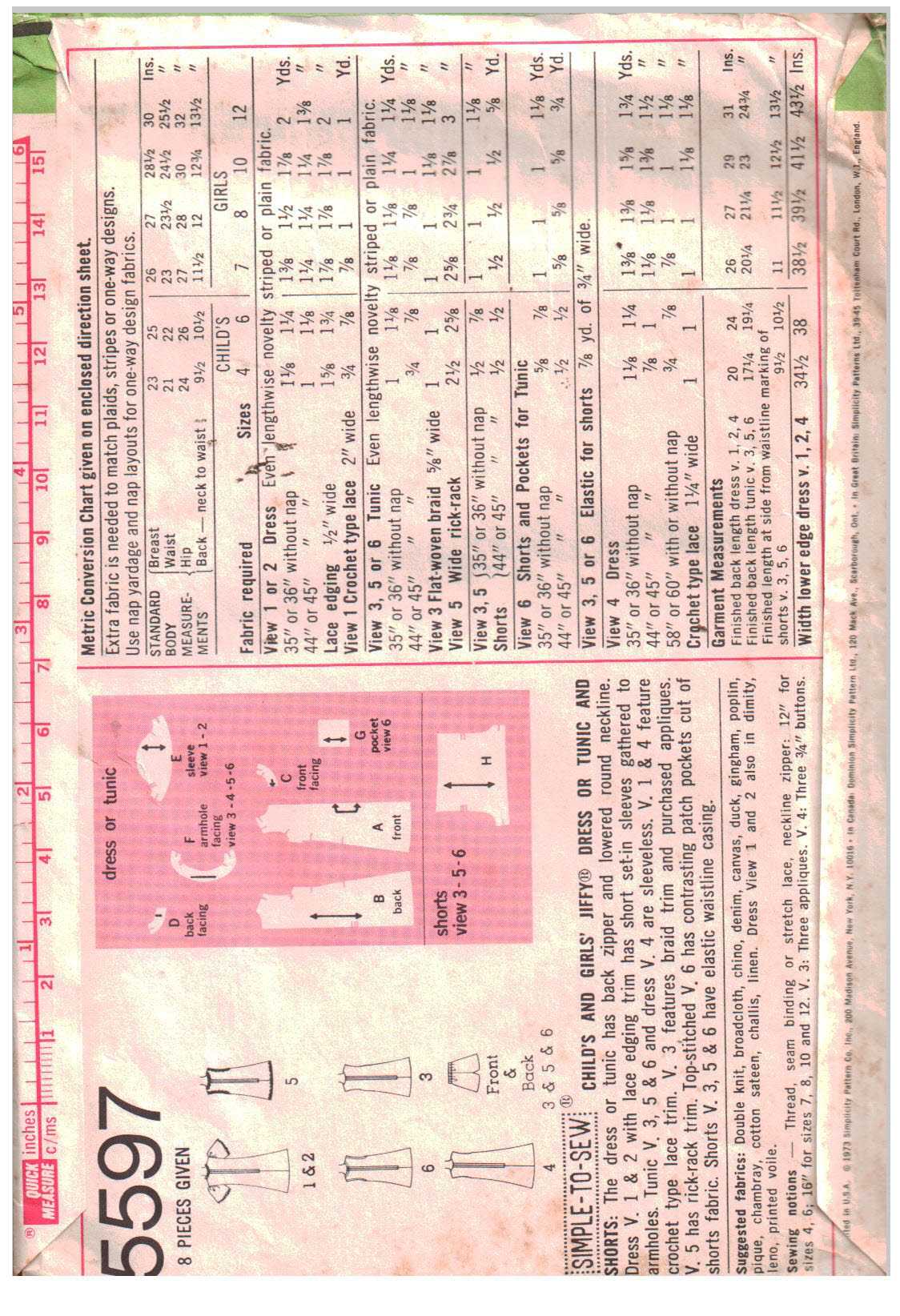 Simplicity 5597 Girl's Dress, Tunic, Shorts Size: 10 Breast 28.5 Used Sewing Pattern - Image 2