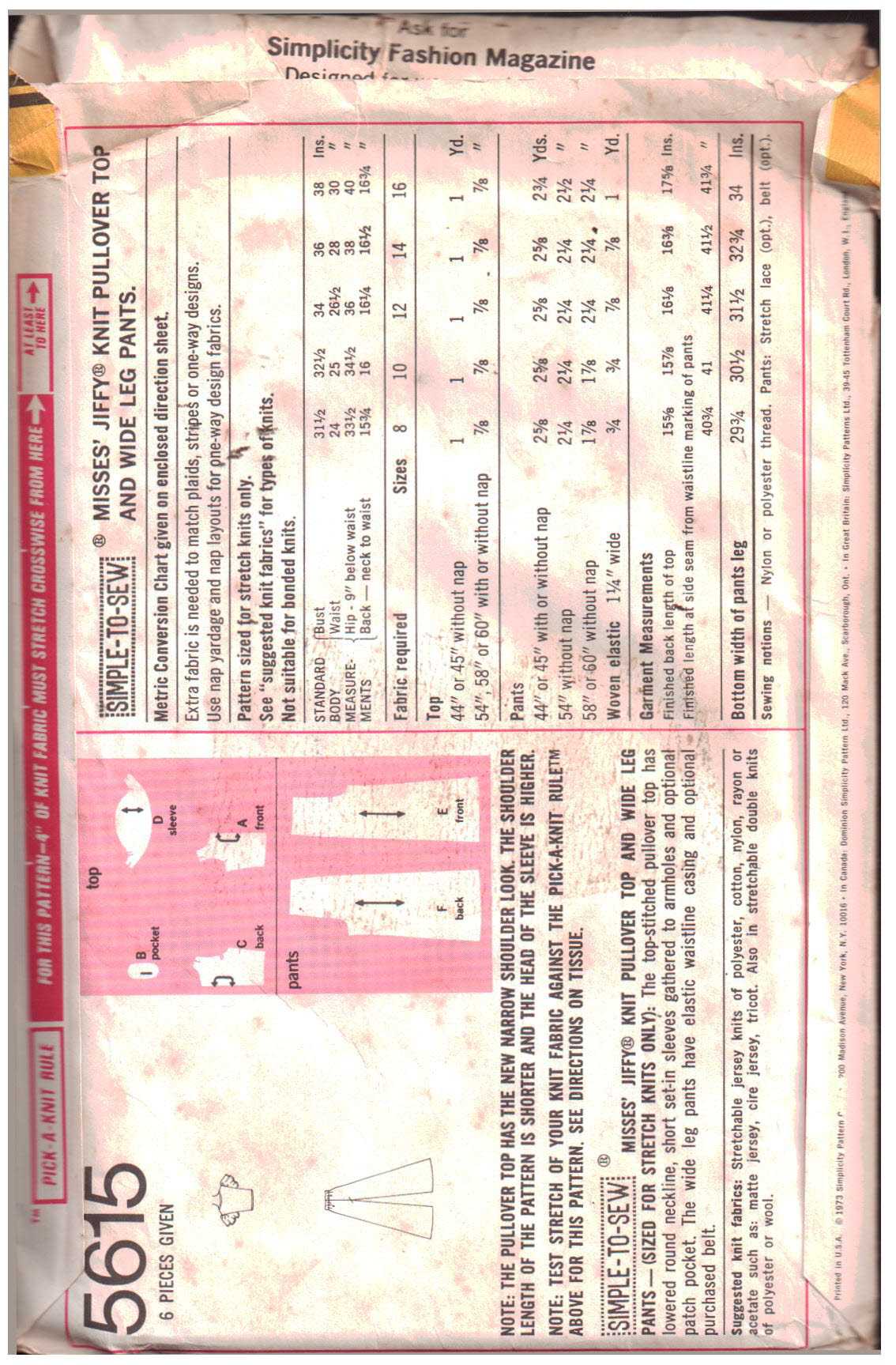 Simplicity 5615 Top, Pants Size: 12 Bust 34 Used Sewing Pattern - Image 2