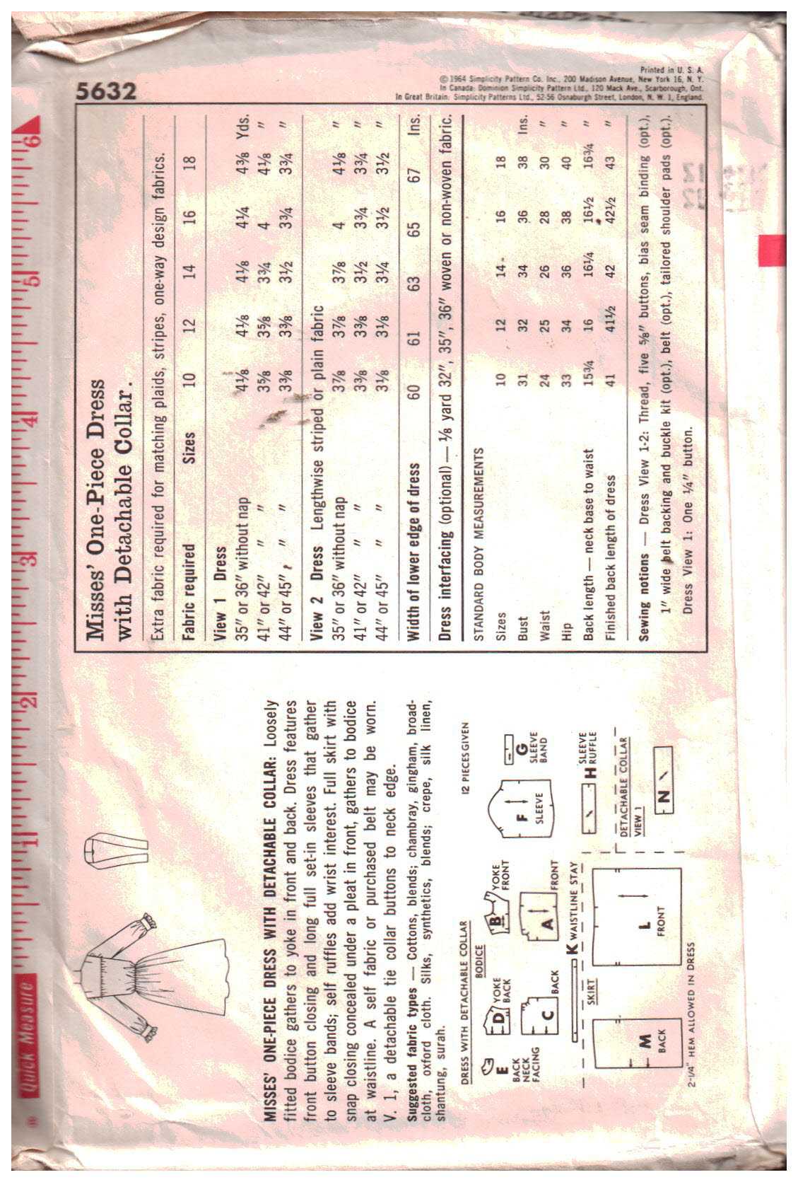 Simplicity 5632 Dress Size: 12 Bust 32 Used Sewing Pattern - Image 2