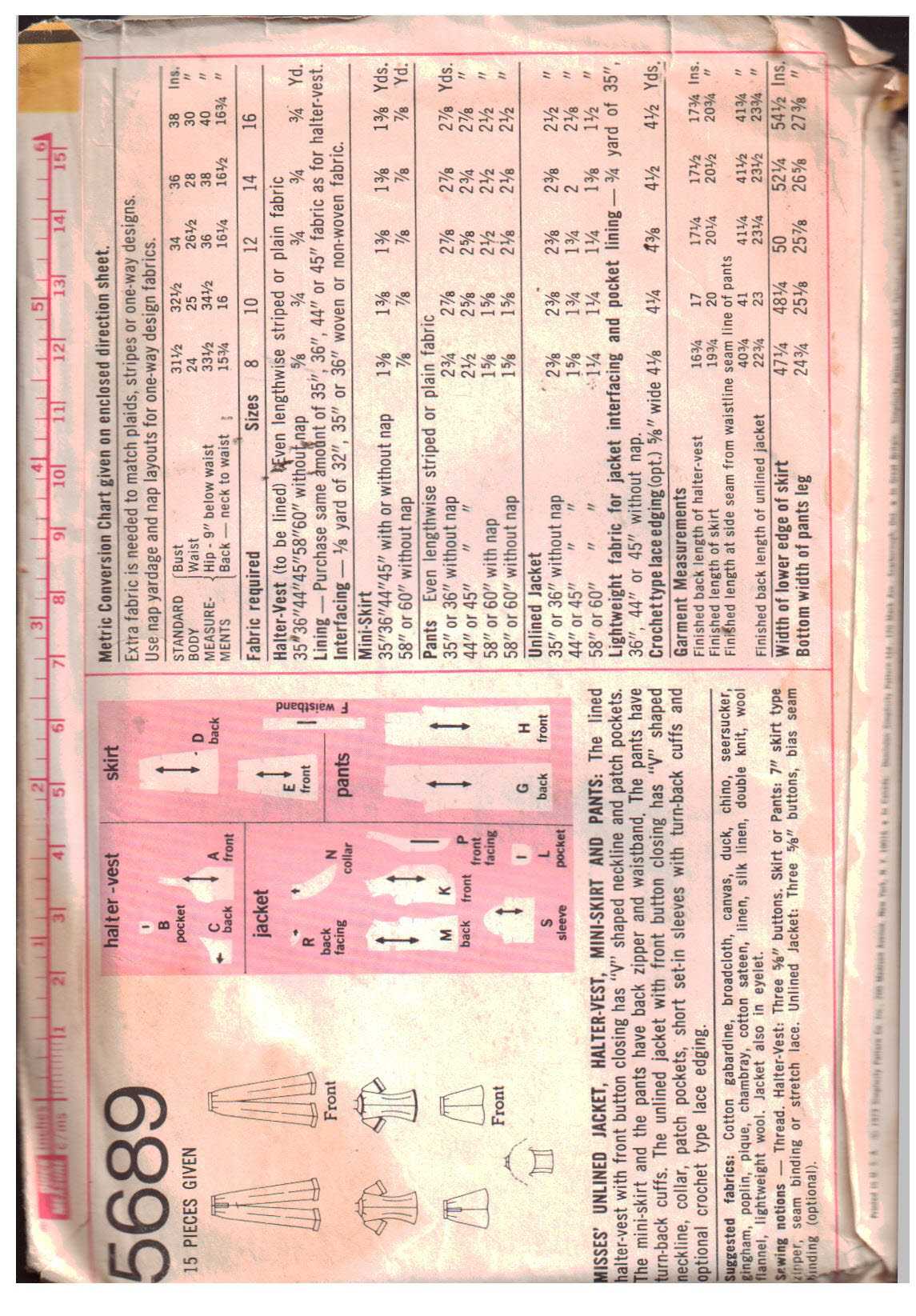 Simplicity 5689 Jacket, Halter-Vest, Skirt, Pants Size: 10 Bust 32.5 Used Sewing Pattern - Image 2