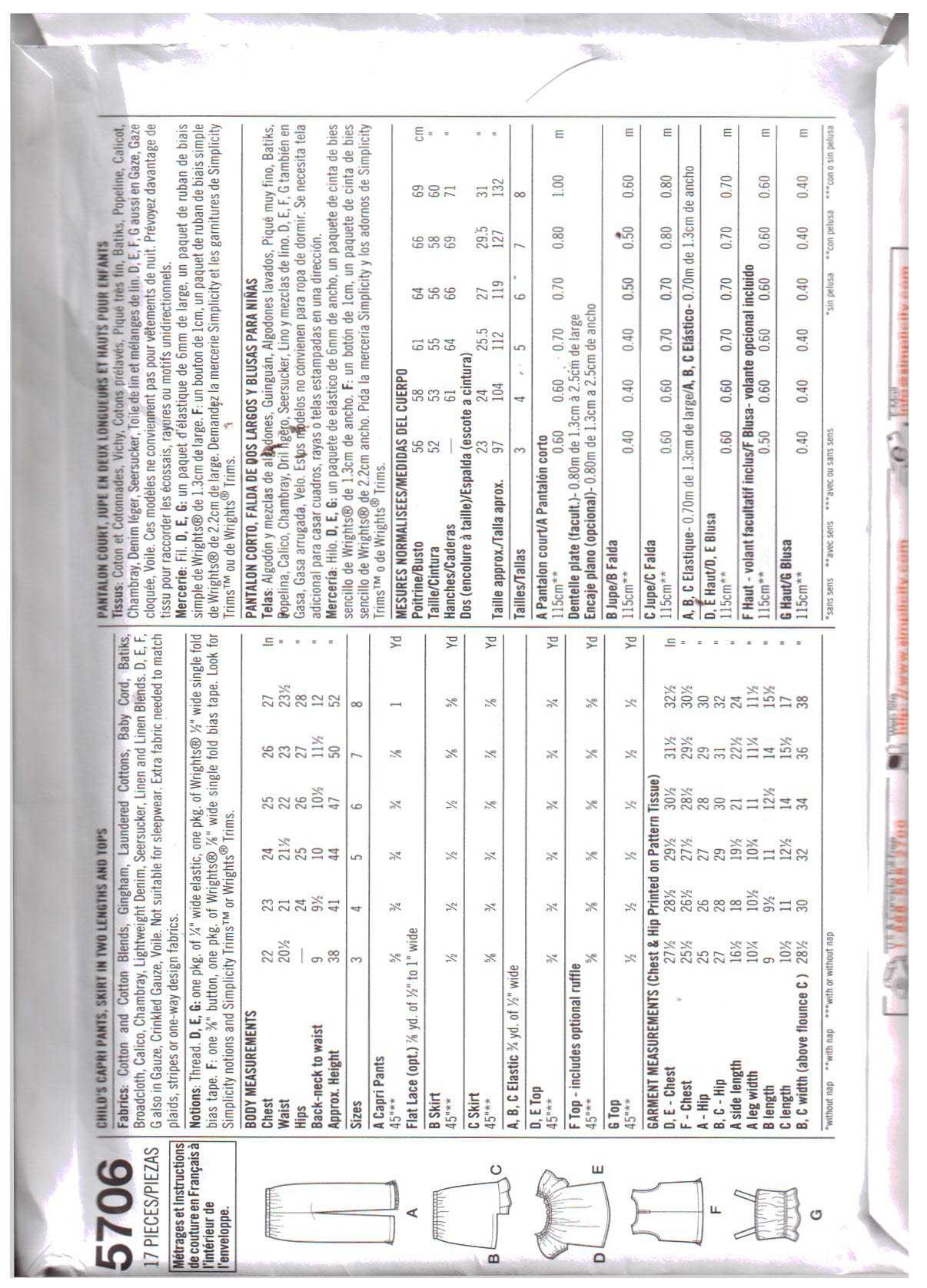 Simplicity 5706 Girl's Top, Pants, Skirt Size: BB 5-8 Used Sewing Pattern - Image 2