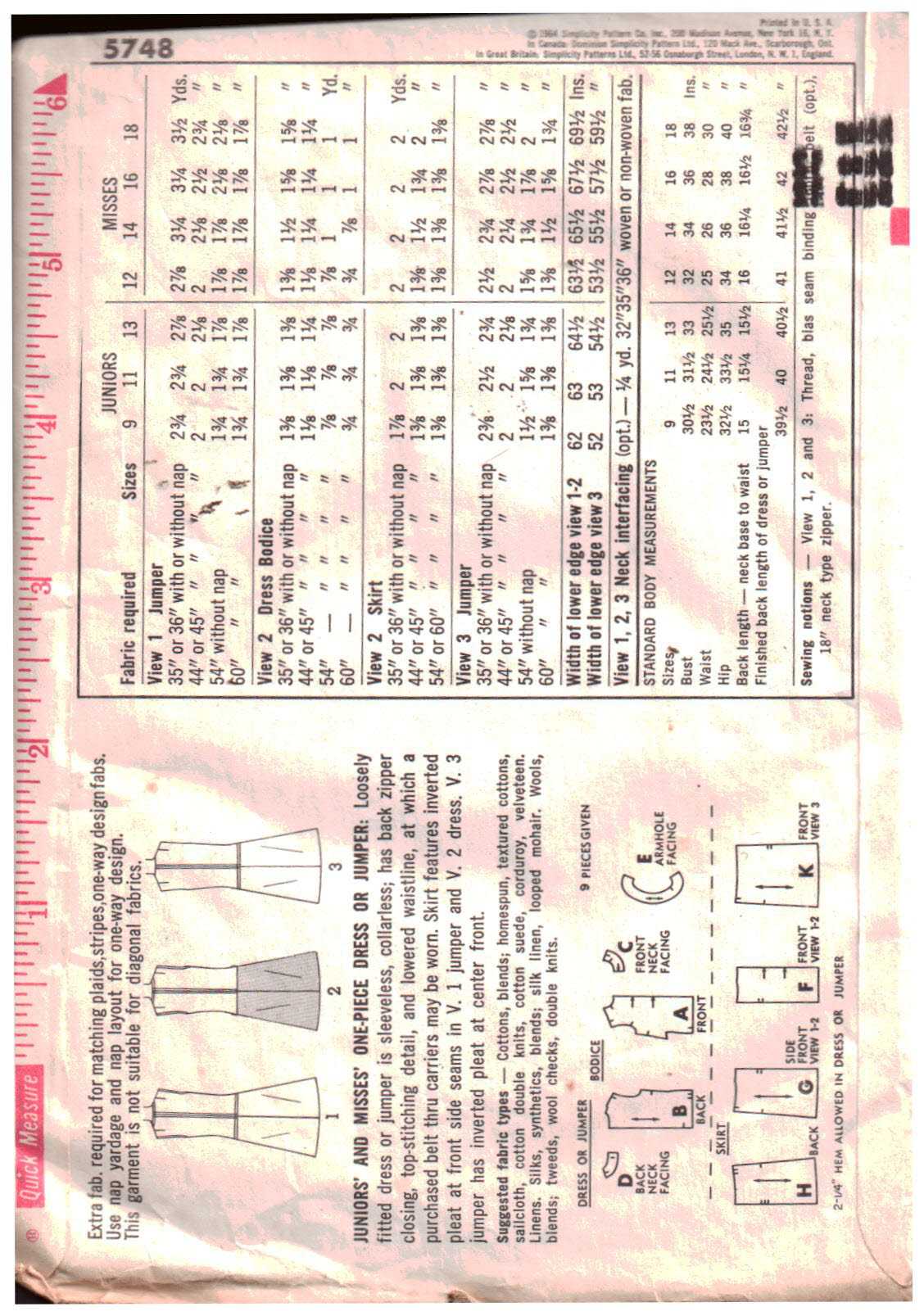 Simplicity 5748 Dress, Jumper Size: 12 Bust 32 Used Sewing Pattern - Image 2