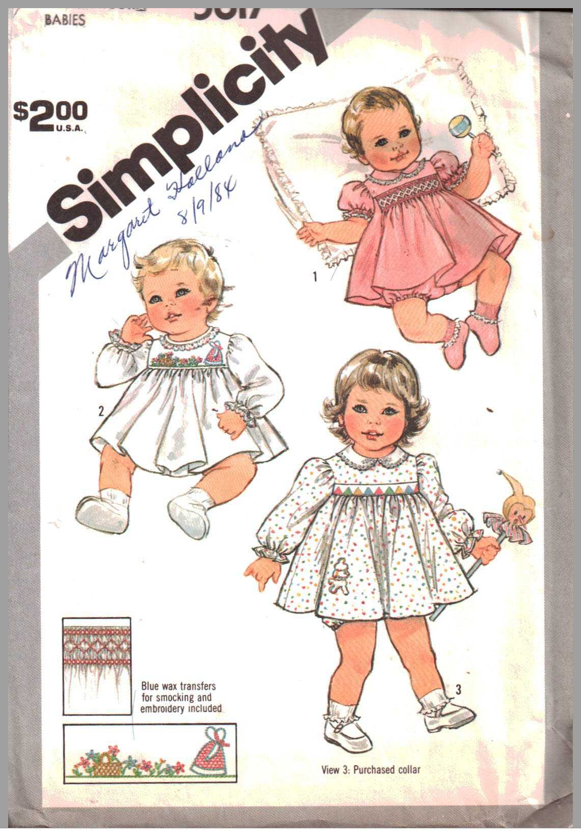 Simplicity 5817 Infants' Plain or Smocked Dress, Panties Size: NB Used Sewing Pattern