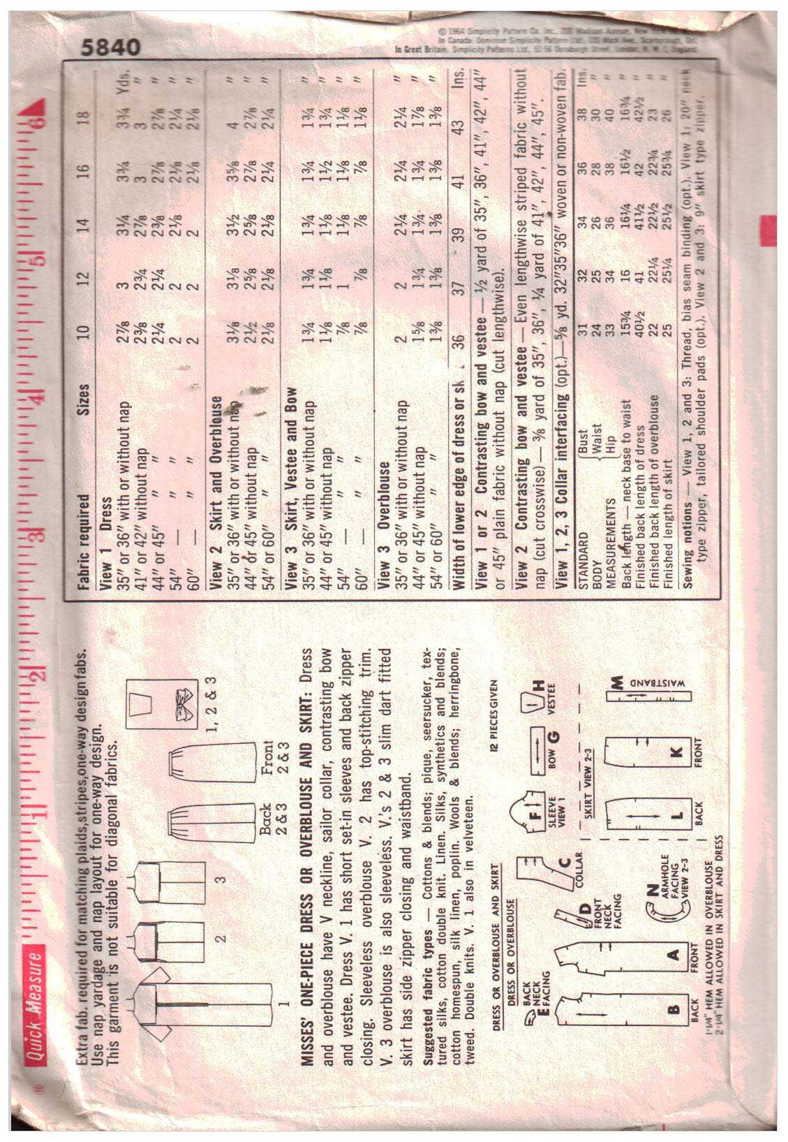 Simplicity 5840 One-Piece Dress, Blouse, Skirt Size: 10 Bust 31 Used Sewing Pattern - Image 2