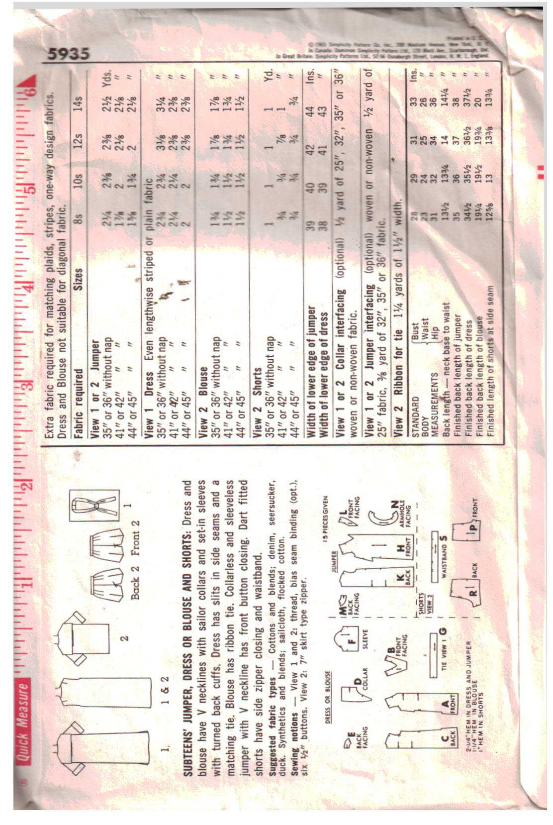 Simplicity 5935 Jumper, Dress, Blouse, Shorts Size: 12S Bust 28 or 14S Bust 33 Used Sewing Pattern - Image 2
