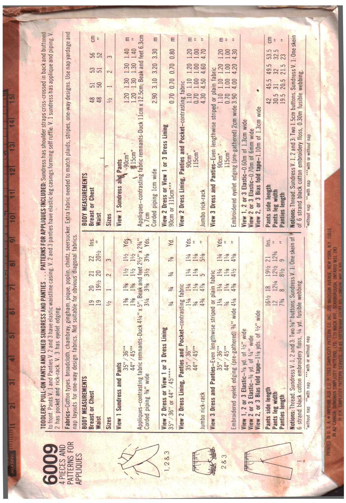 Simplicity 6009 Toddler's Pants, Sundress, Panties Size: 3 Used Sewing Pattern - Image 2