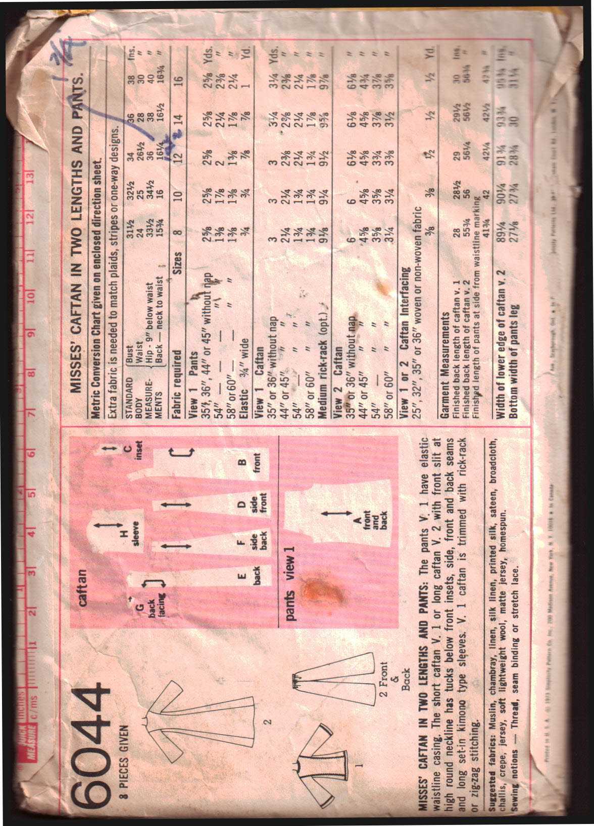 Simplicity 6044 Caftan, Top, Pants Size: 12 Bust 34 Used Sewing Pattern - Image 2