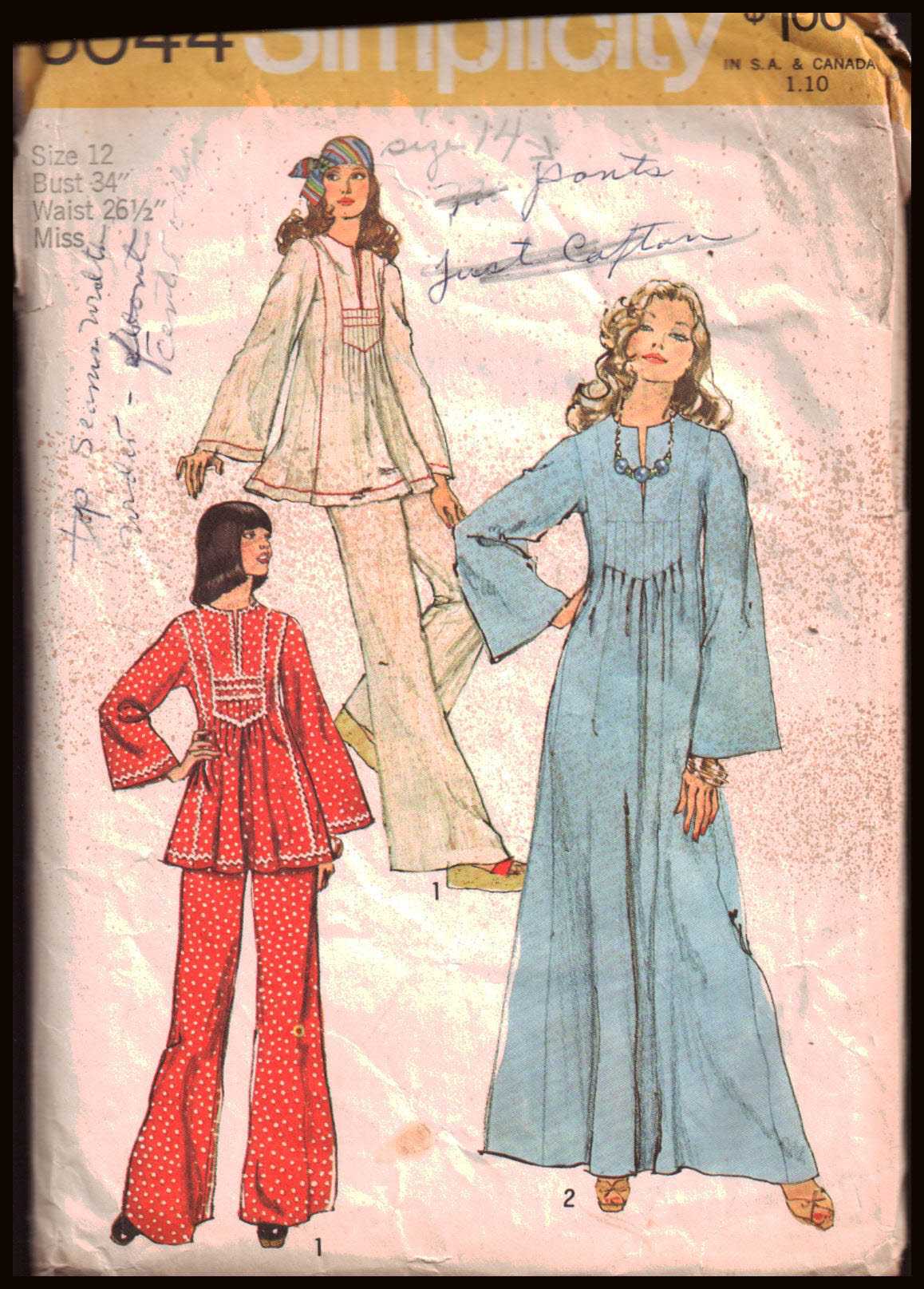 Simplicity 6044 Caftan, Top, Pants Size: 12 Bust 34 Used Sewing Pattern