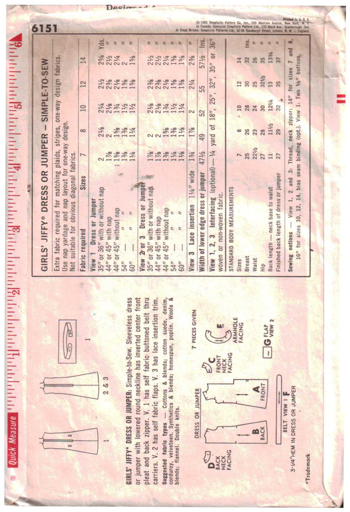 Simplicity 6151 Girl's Dress, Jumper Size: 10 Used Sewing Pattern - Image 2