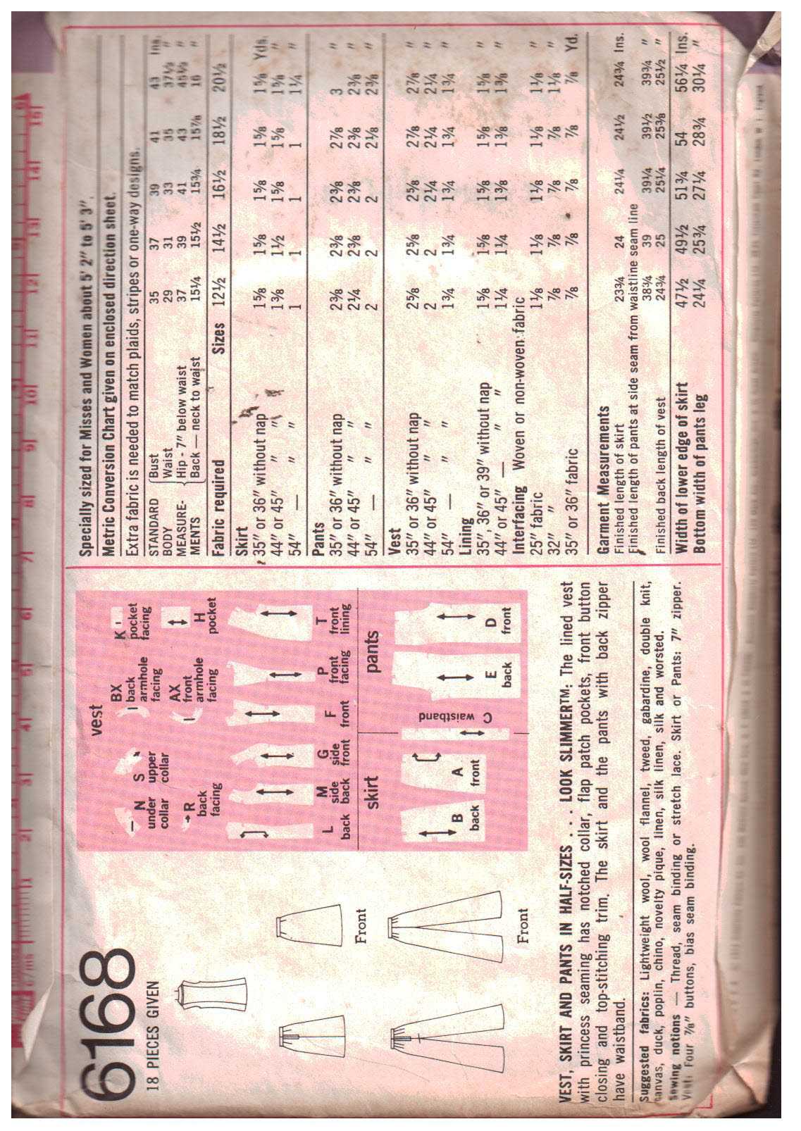 Simplicity 6168 Vest, Skirt, Pants Size: 12.5 Bust 35 Used Sewing Pattern - Image 2
