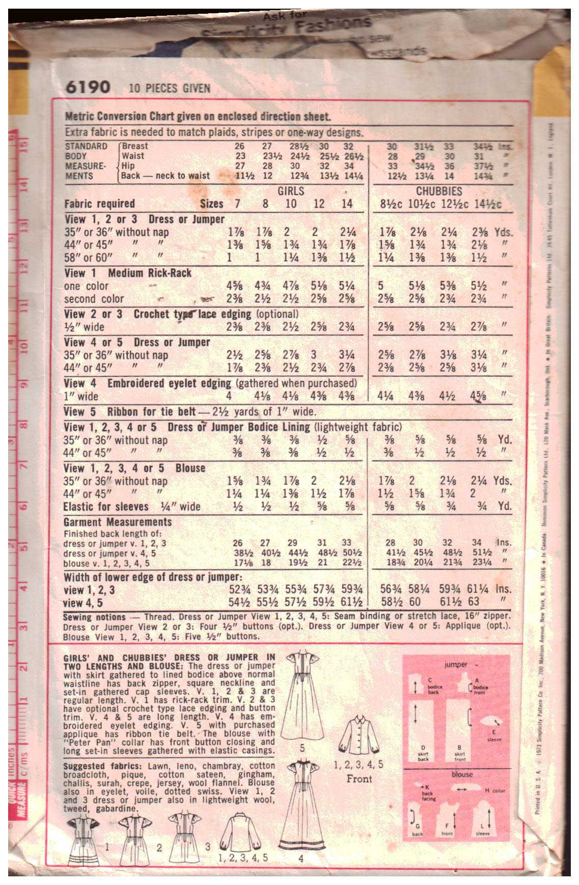 Simplicity 6190 Girl's Blouse, Dress, Jumper Size: 10 Breast 28.5 Used Sewing Pattern - Image 2