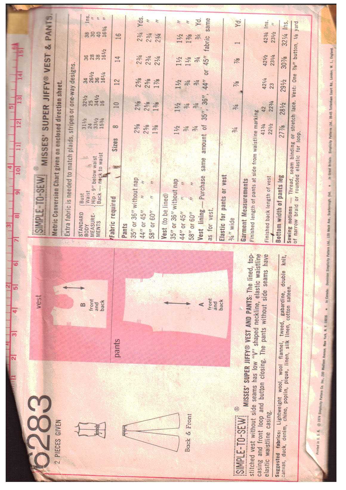 Simplicity 6283 Vest, Pants Size: 8 Bust 31.5 Used Sewing Pattern - Image 2