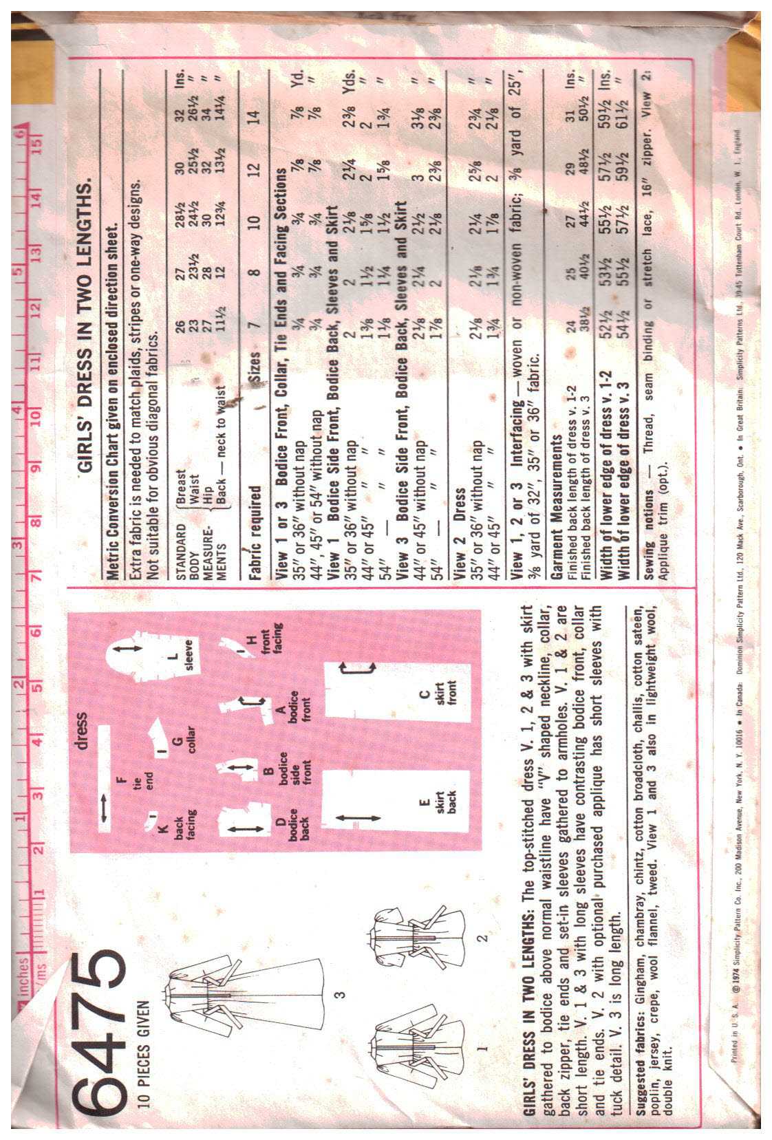 Simplicity 6475 Girl's Dress Size: 7 Breast 26 Used Sewing Pattern - Image 2