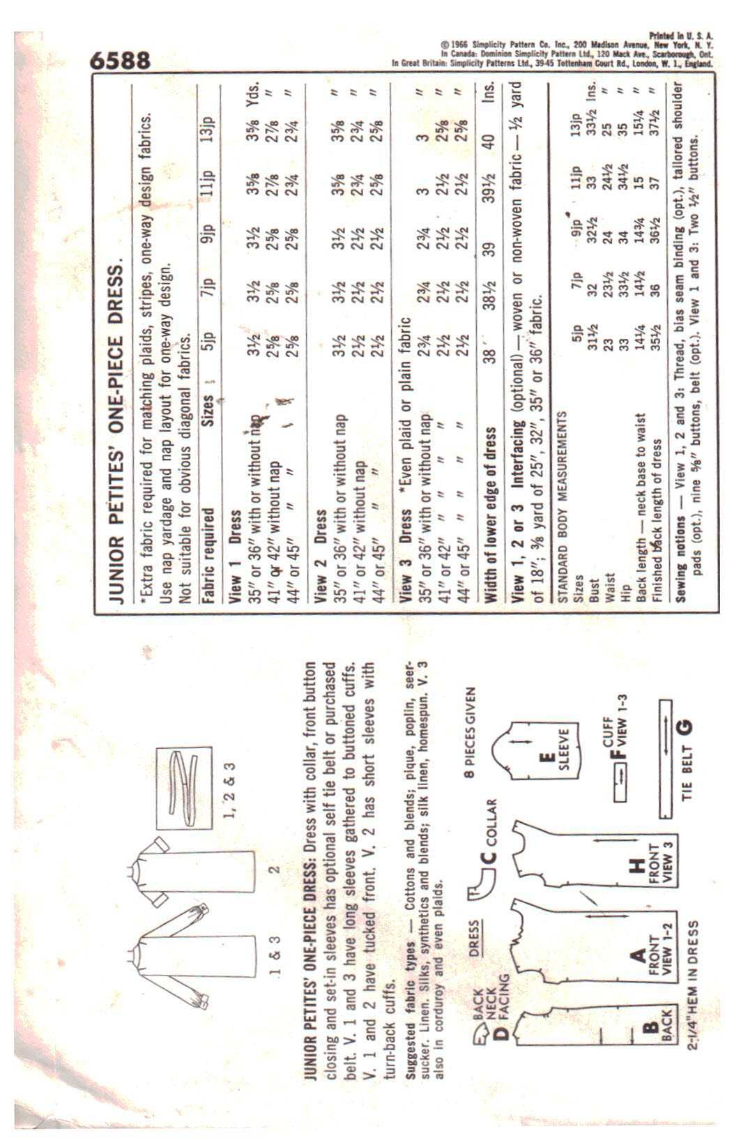 Simplicity 6588 Dress Size: 7J Bust 32 or 13J Bust 33.5 Uncut Sewing Pattern - Image 2