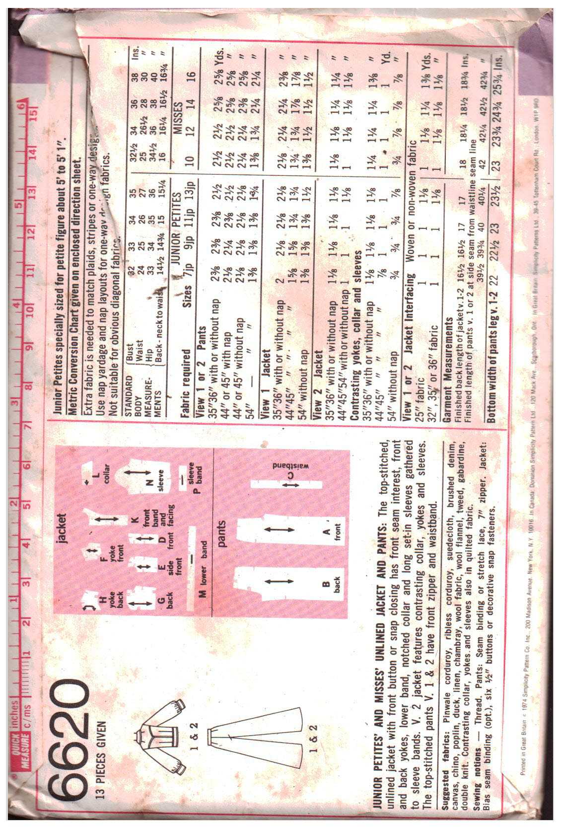 Simplicity 6620 Jacket, Pants Size: 12 Bust 34 Used Sewing Pattern - Image 2