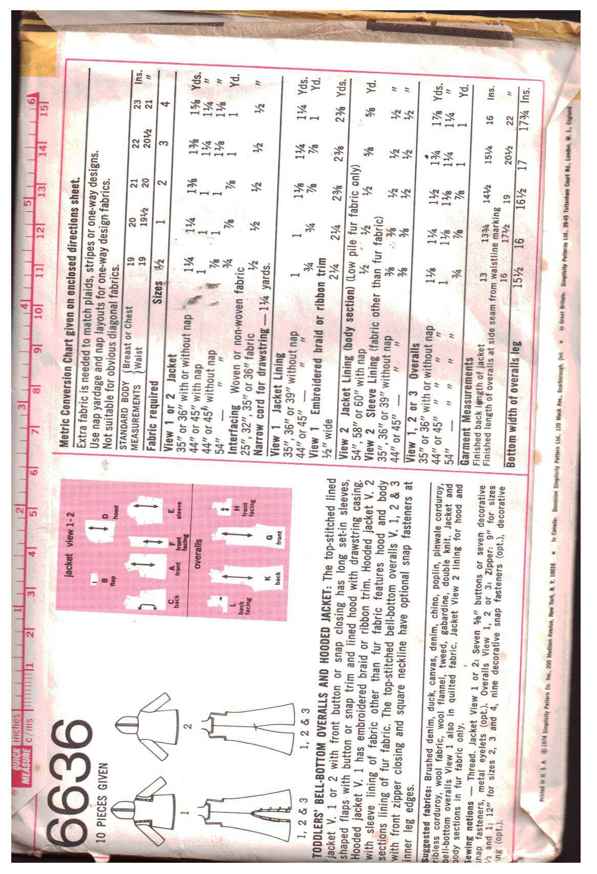 Simplicity 6636 Toddler's Overalls, Hooded Jacket Size: 1 Breast 20 Uncut Sewing Pattern - Image 2