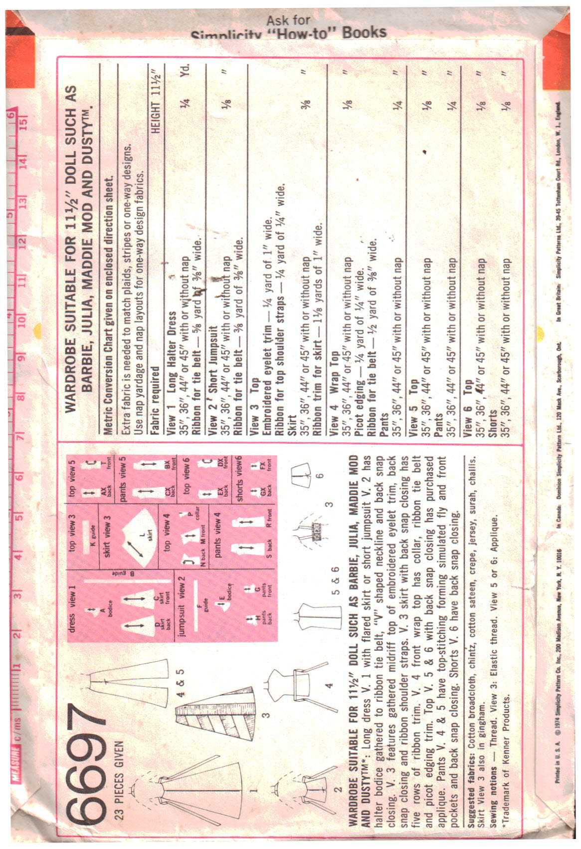 Simplicity 6697 Doll Clothes Size: 11.5 Used Sewing Pattern - Image 2