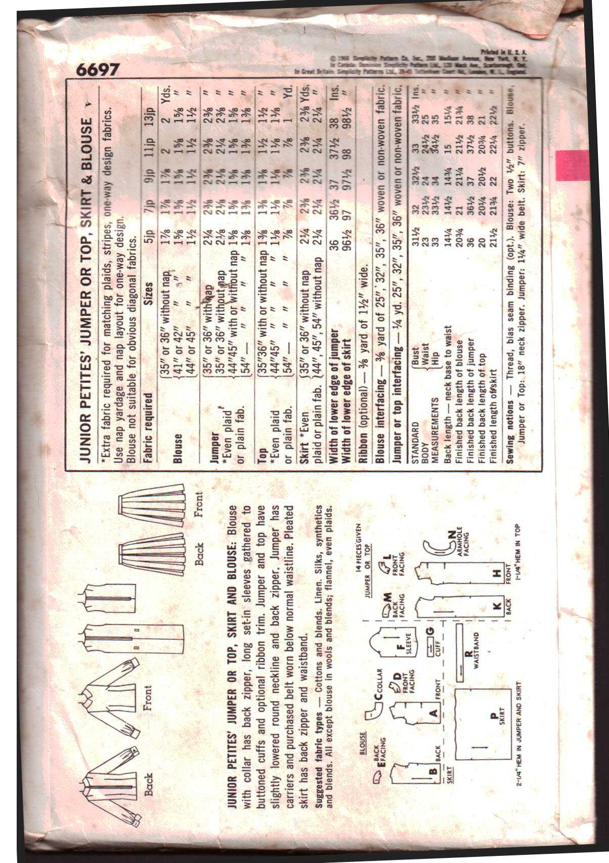 Simplicity 6697 Jumper, Top, Skirt, Blouse Size: 11J Bust 33 Used Sewing Pattern - Image 2