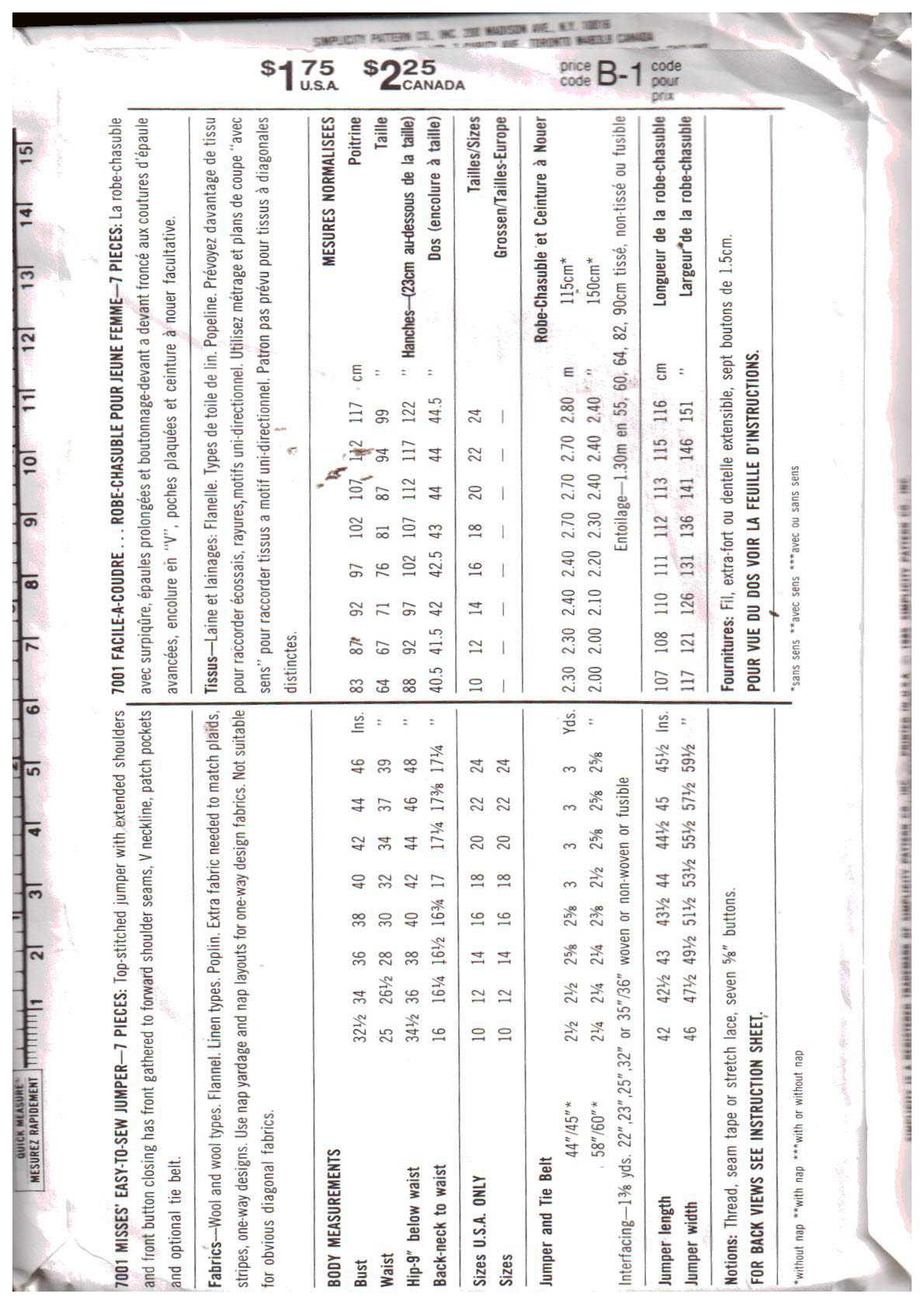 Simplicity 7001 Jumper Size: N 10-12-14 Used Sewing Pattern - Image 2
