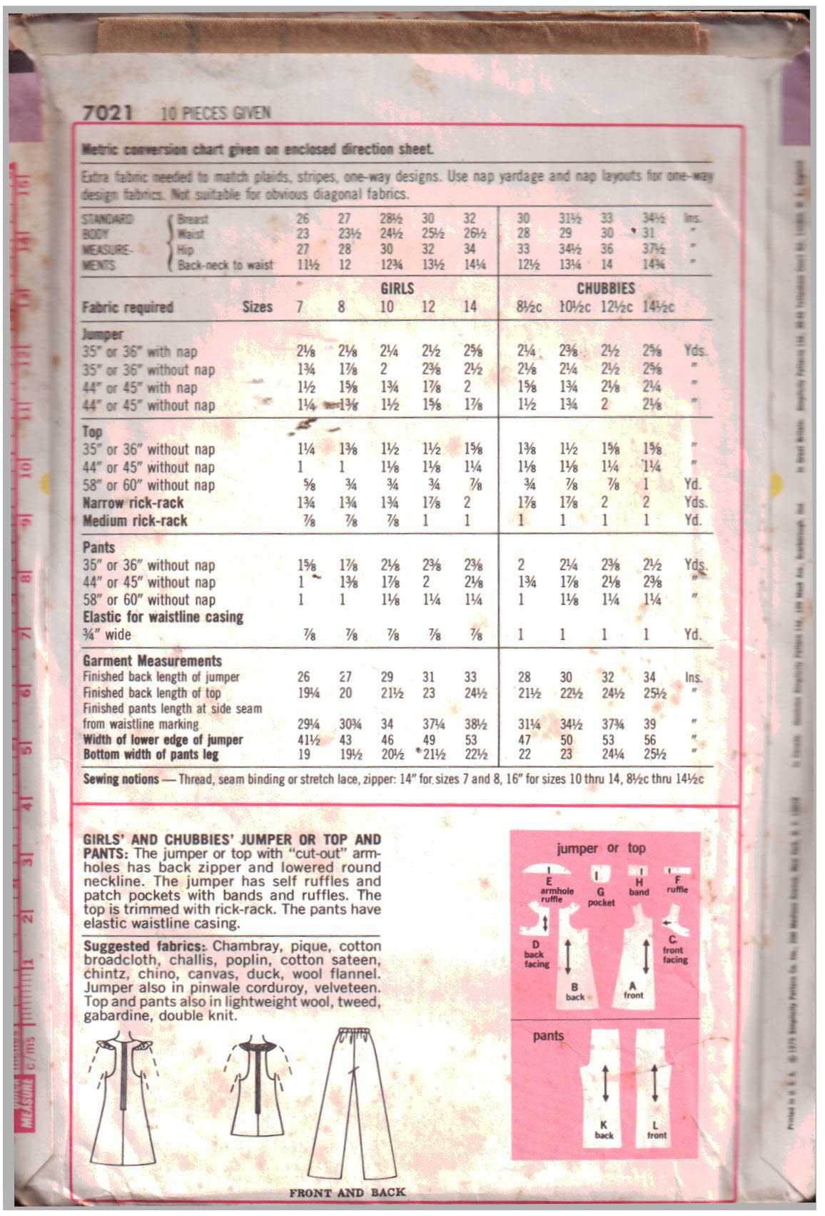 Simplicity 7021 Girl's Jumper, Top, Pants Size: 10 Breast 28.5 Used Sewing Pattern - Image 2