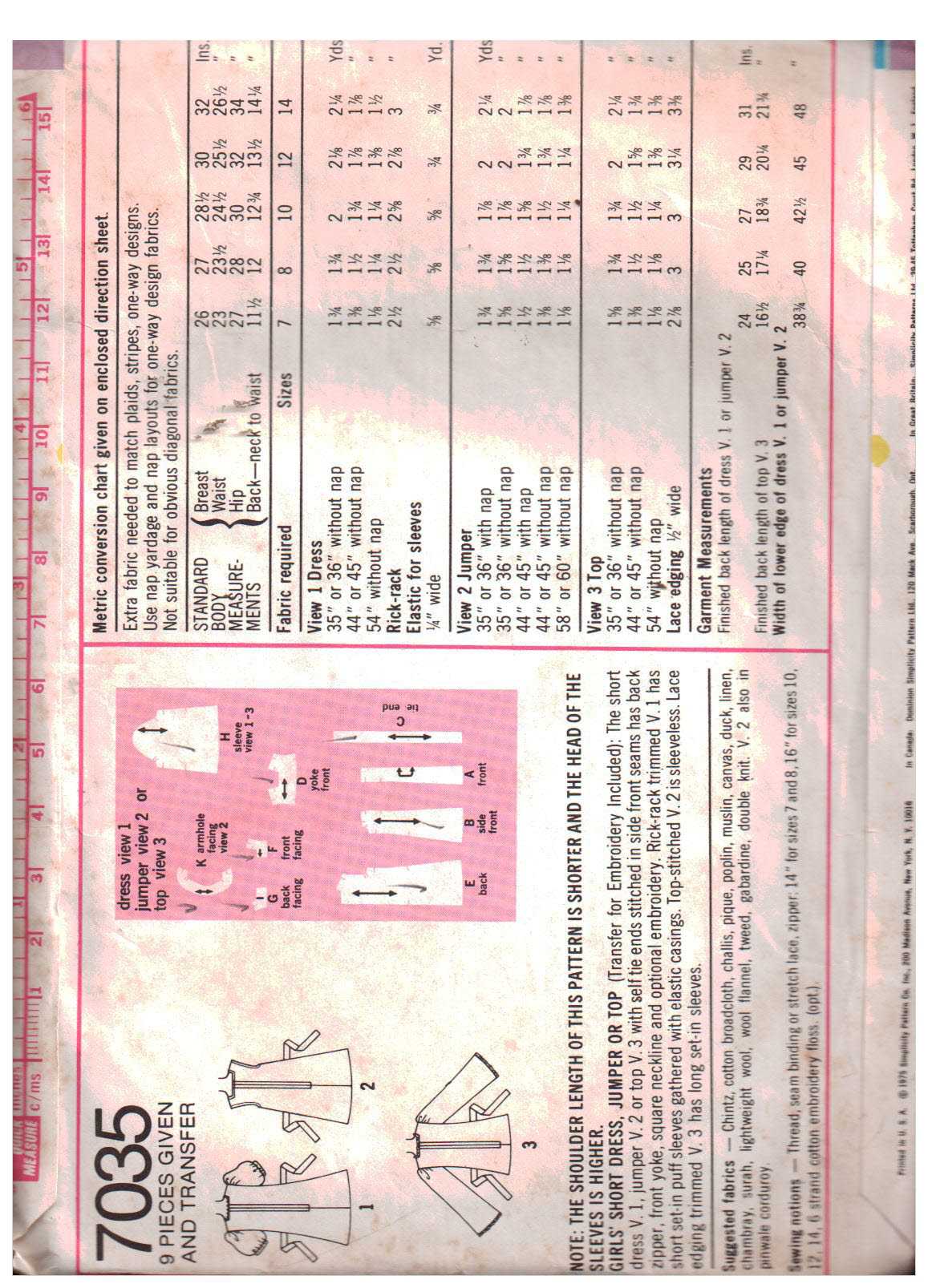 Simplicity 7035 Girl's Dress, Jumper, Top Size: 8 Breast 27 Used Sewing Pattern - Image 2