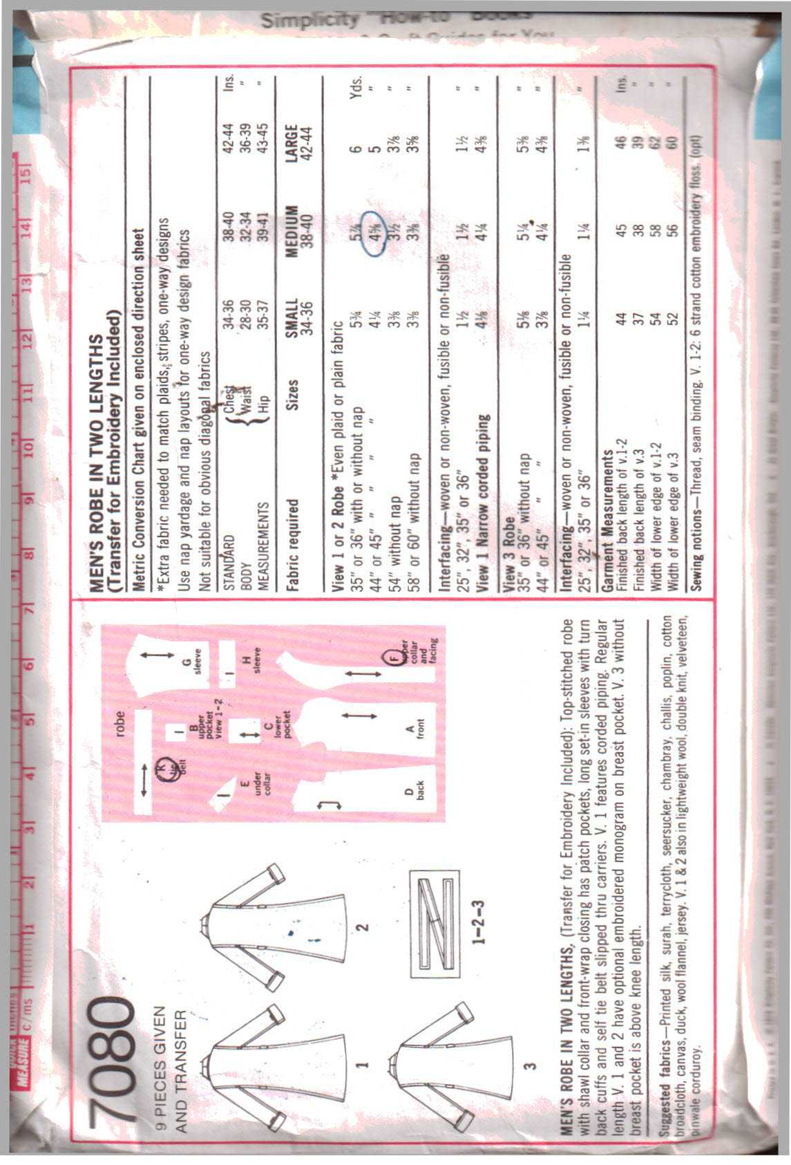 Simplicity 7080 Men's Robe Size: 38-40 Used Sewing Pattern - Image 2