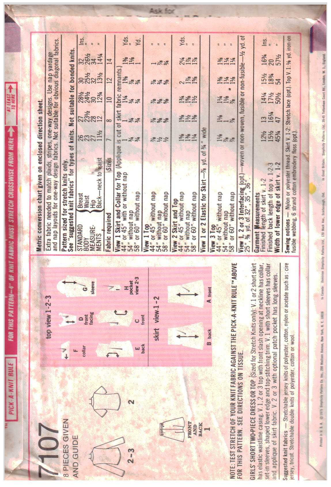 Simplicity 7107 Girl's Dress, Top Size: 8 Breast 27 Used Sewing Pattern - Image 2