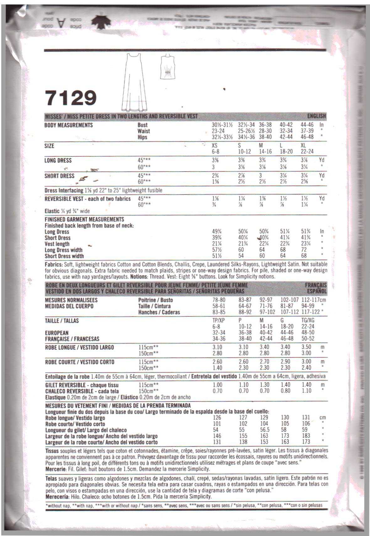 Simplicity 7129 Dress, Vest Size: AA XS-S-M Uncut Sewing Pattern - Image 2