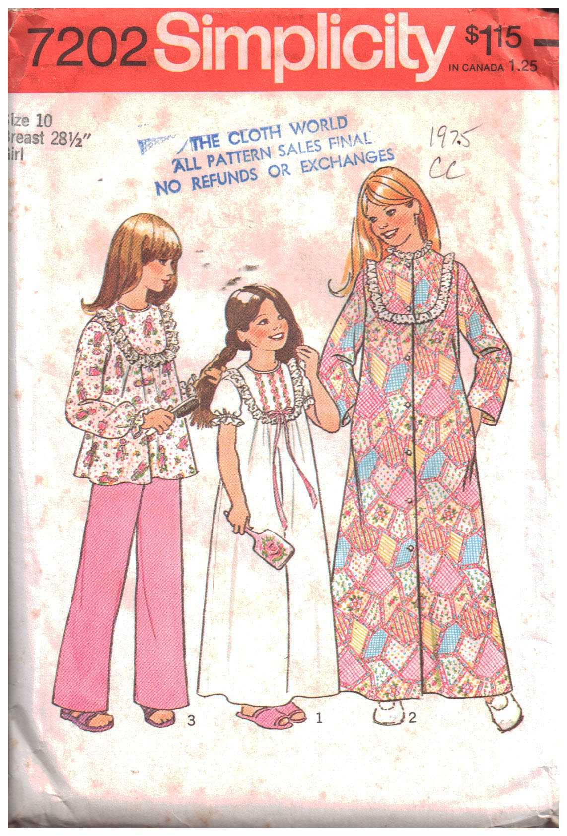 Simplicity 7202 Girl's Robe, Nightgown, Pajamas Size: 10 Breast 28.5 Used Sewing Pattern