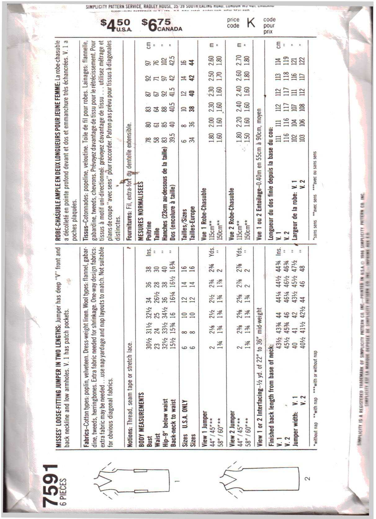 Simplicity 7591 Jumper Size: H 6-8-10 Uncut Sewing Pattern - Image 2