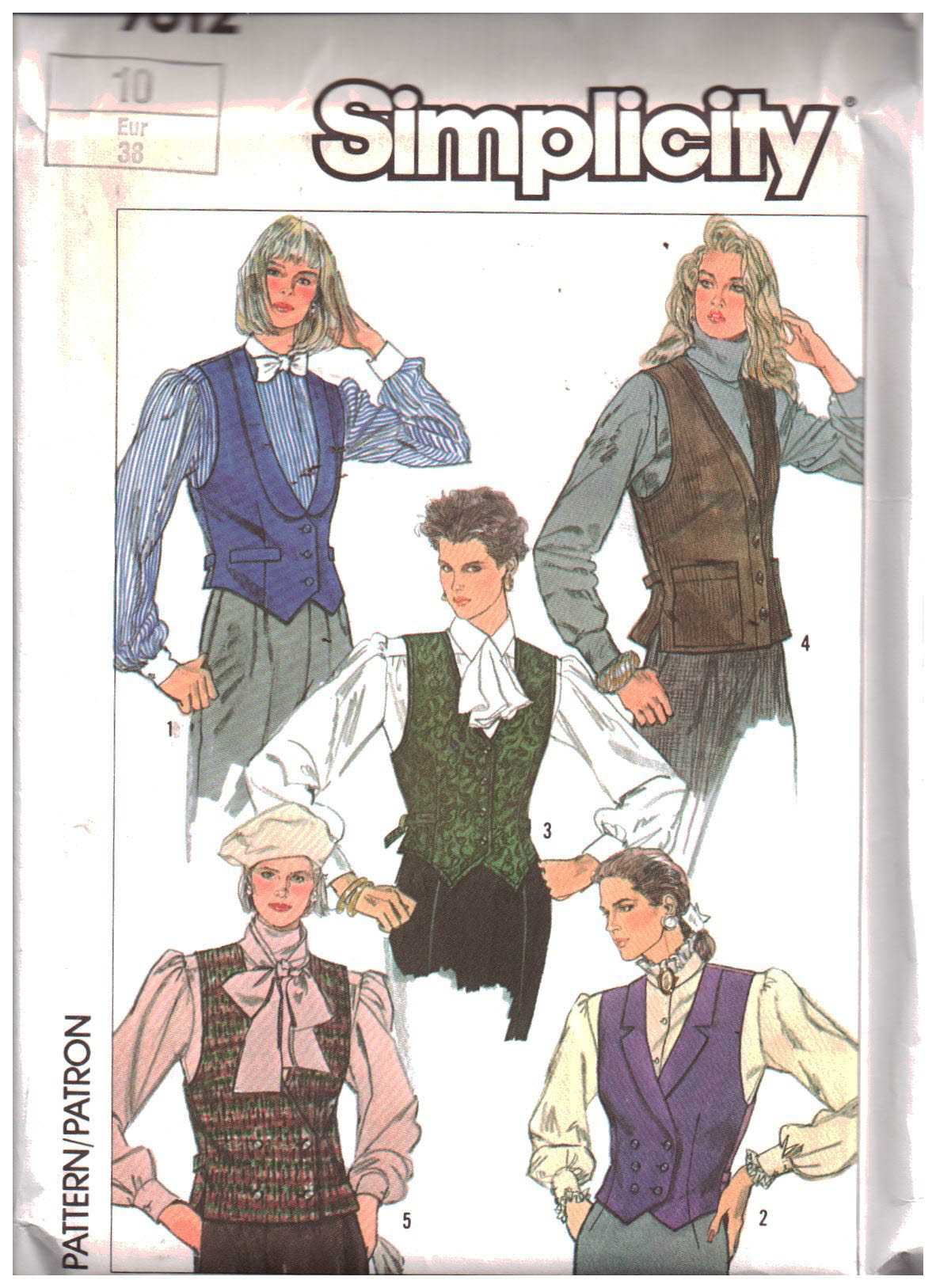 Simplicity 7612 Vests Size: 6-8 Used Sewing Pattern